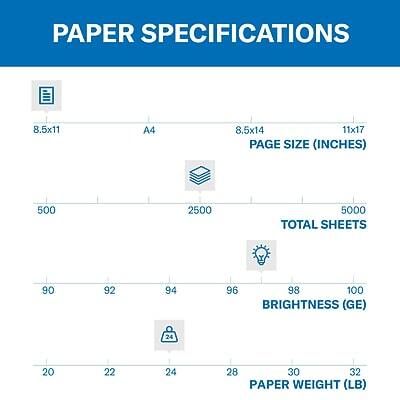 PAPER SPECIFICATIONS

PAGE SIZE (INCHES)
- 8.5x11
- A4
- 8.5x14
- 11x17

TOTAL SHEETS
- 500
- 2500
- 5000

BRIGHTNESS (GE)
- 90
- 92
- 94
- 96
- 98
- 100

PAPER WEIGHT (LB)
- 20
- 22
- 24
- 28
- 30
- 32