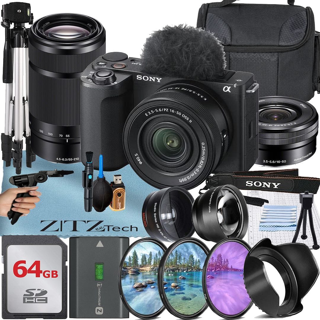 Sony - ZV-E10 II Mirrorless Camera with 16-50 + 55-210 Lens + 64GB Card + Tripod + ZeeTech Bundle (International Version) - Black
