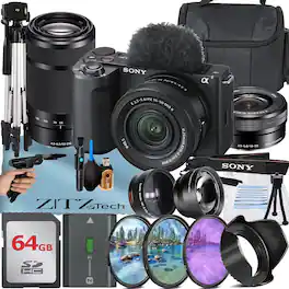 Sony - ZV-E10 II Mirrorless Camera with 16-50 + 55-210 Lens + 64GB Card + Tripod + ZeeTech Bundle (International Version) - Black