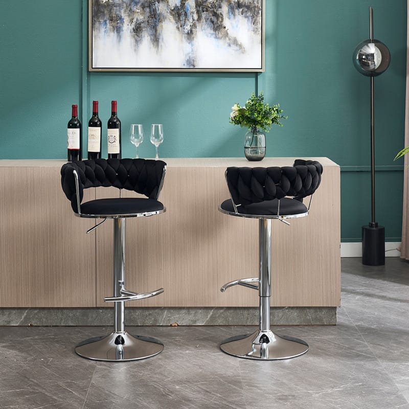 HTUTWOO - Velvet Bar Stools Set of 2, Counter Heigh with Low Back,Adjustable Height Barstools, 360° Swivel for Kitchen Island, Pub - Black