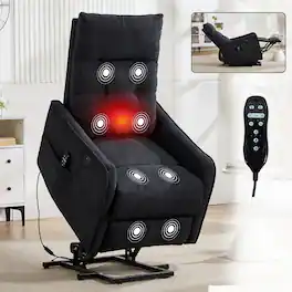 Ropilly - Chenille Massage Chair Power Lift Recliner for Elderly with Lumbar Heat and USB - Black