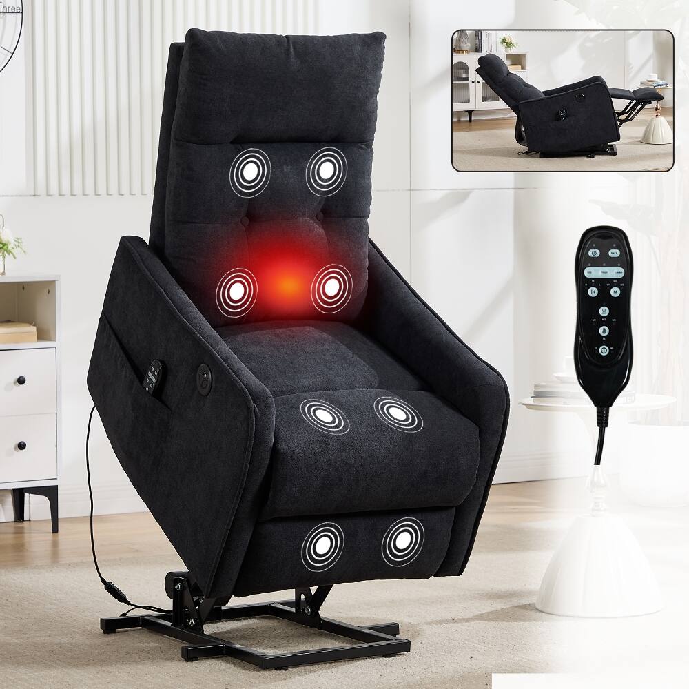 Front. Ropilly - Ropilly Black Chenille Massage Chair Power Lift Recliner for Elderly with Lumbar Heat and USB - Black.