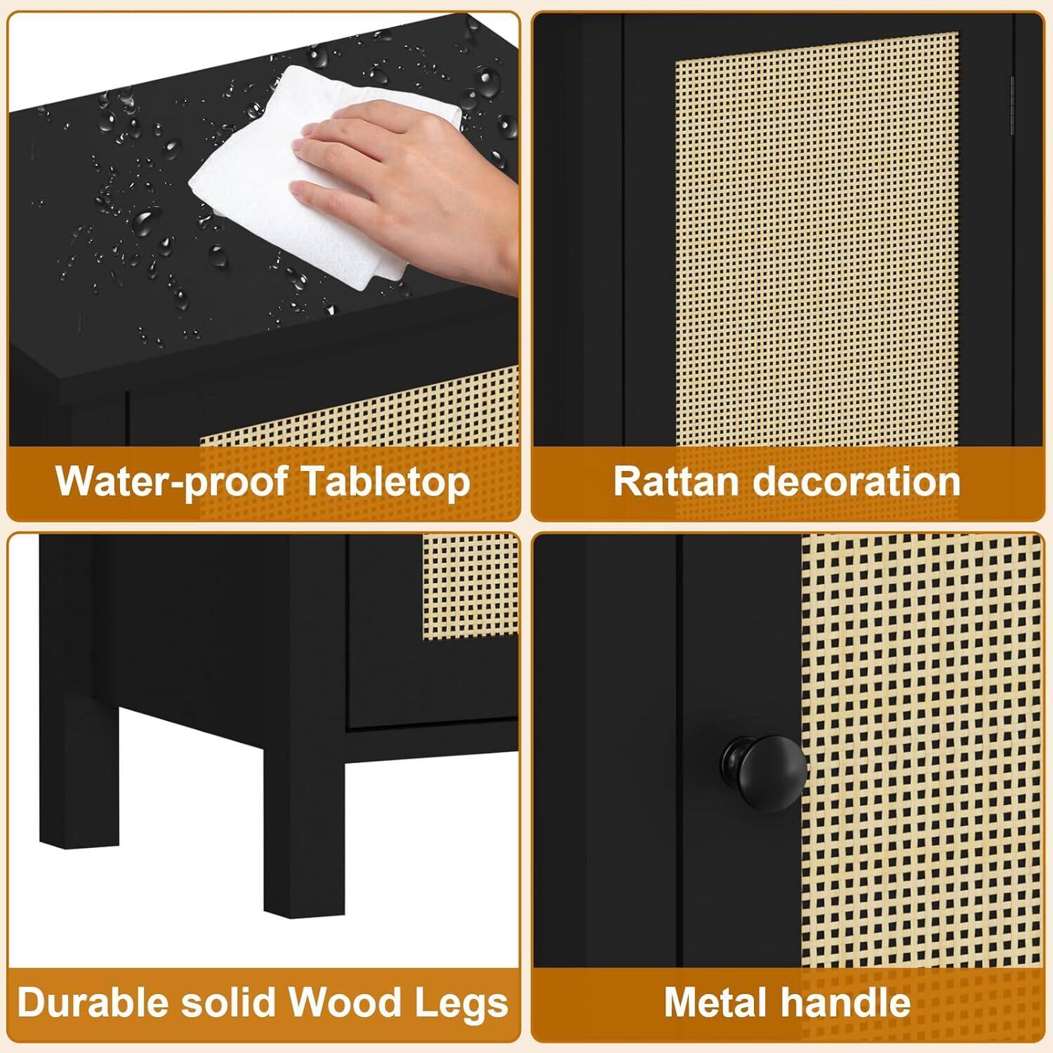 - Water-proof Tabletop
- Rattan decoration
- Durable solid Wood Legs
- Metal handle