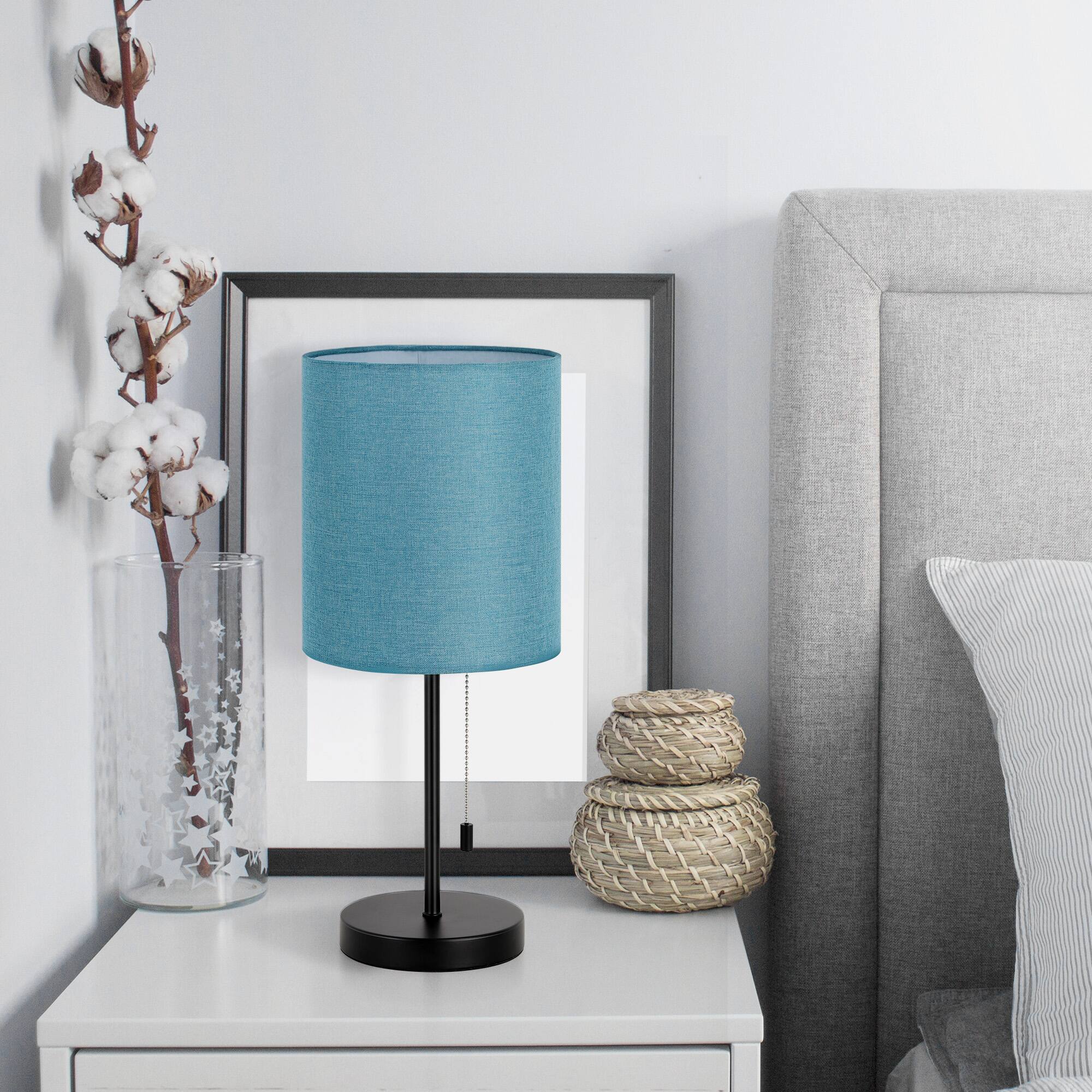 Alt View 1. Oumilen - Pull Chain Black Metal Table Lamp with Teal Linen Shade.