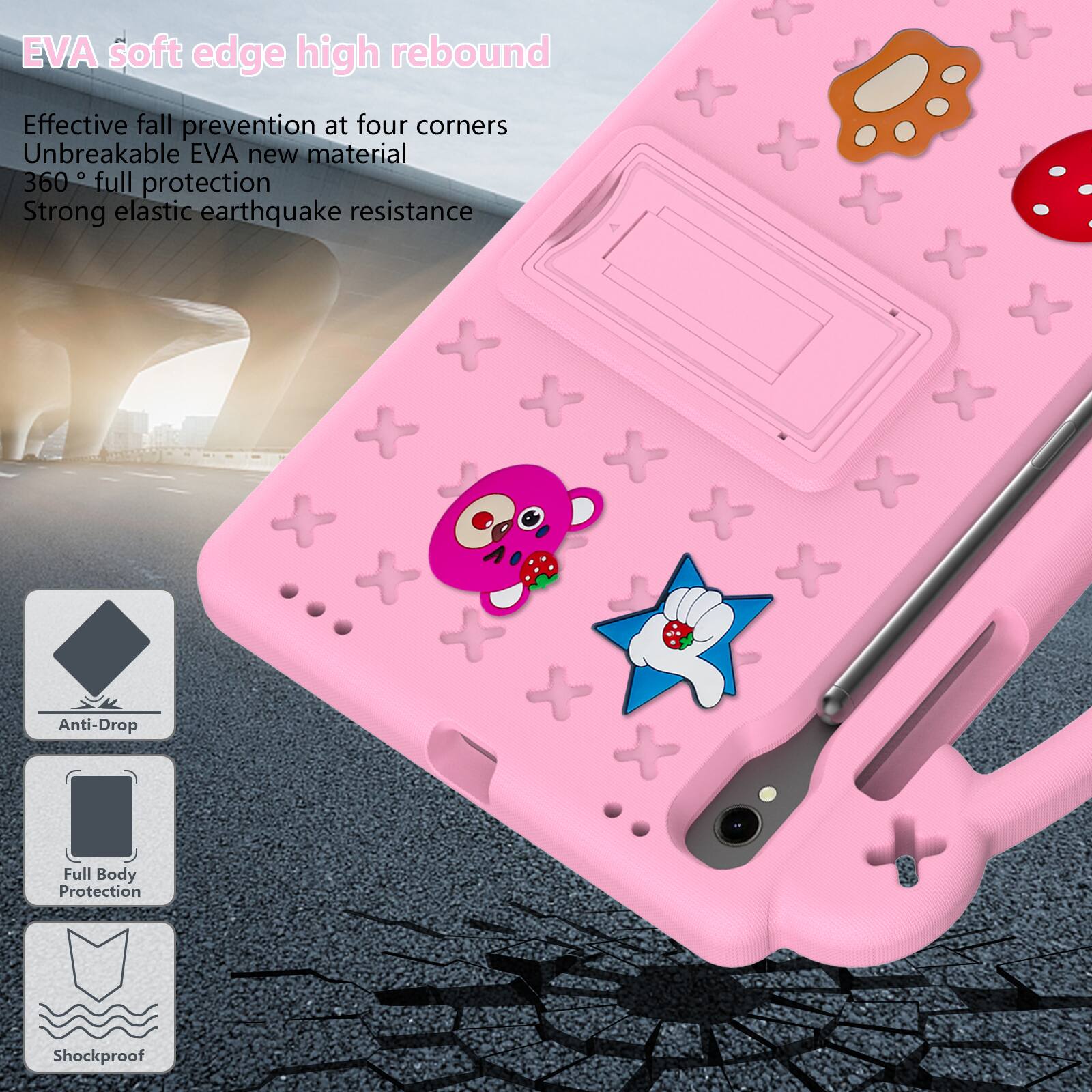 EVA soft edge high rebound  
Effective fall prevention at four corners  
Unbreakable EVA new material  
360° full protection  
Strong elastic earthquake resistance  
Anti-Drop  
Full Body Protection  
Shockproof