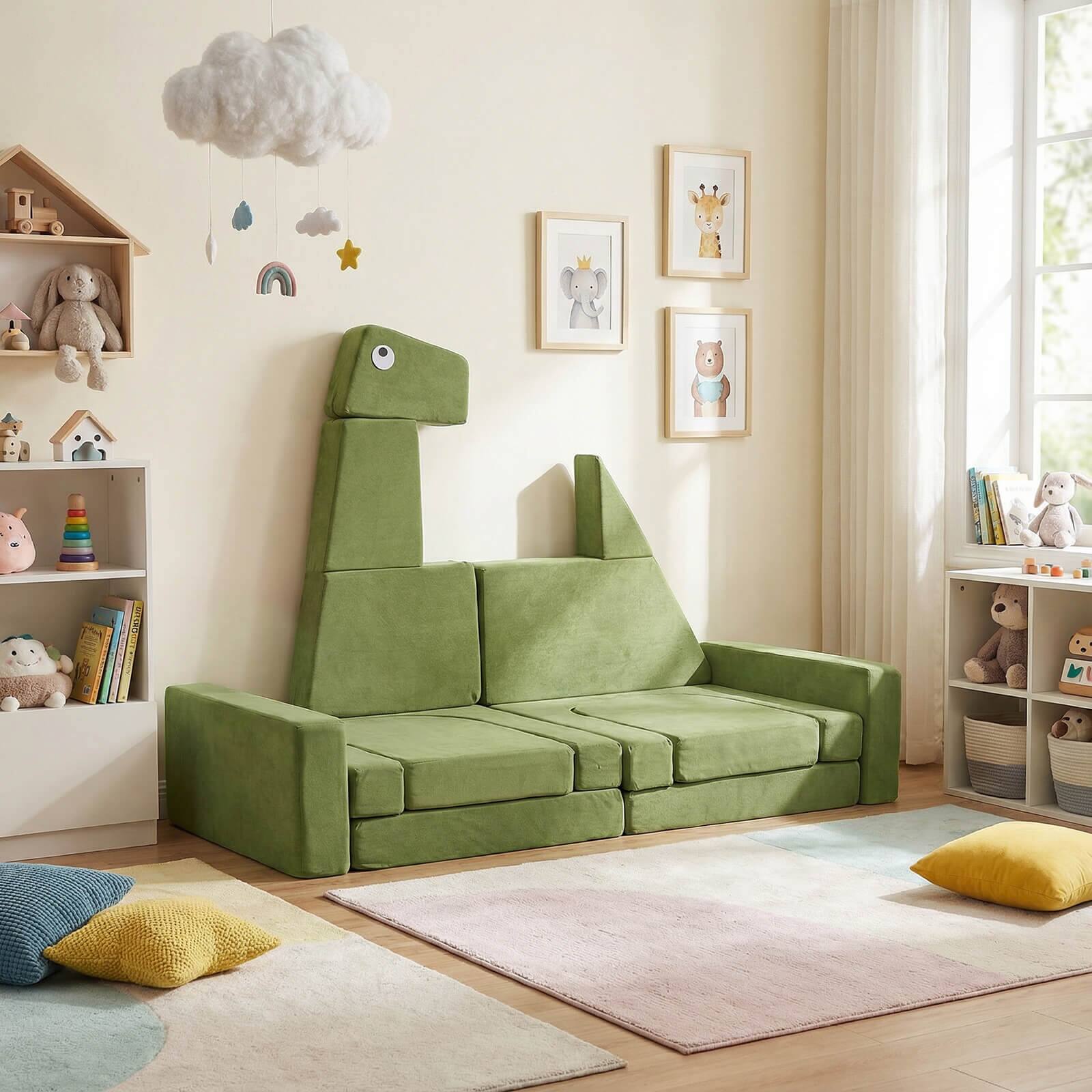 Alt View 4. Costway - Costway 13 PCS Modular Kids Play Couch, Multifunctional Convertible Kids Sofa Furniture Dinosaur - Green.