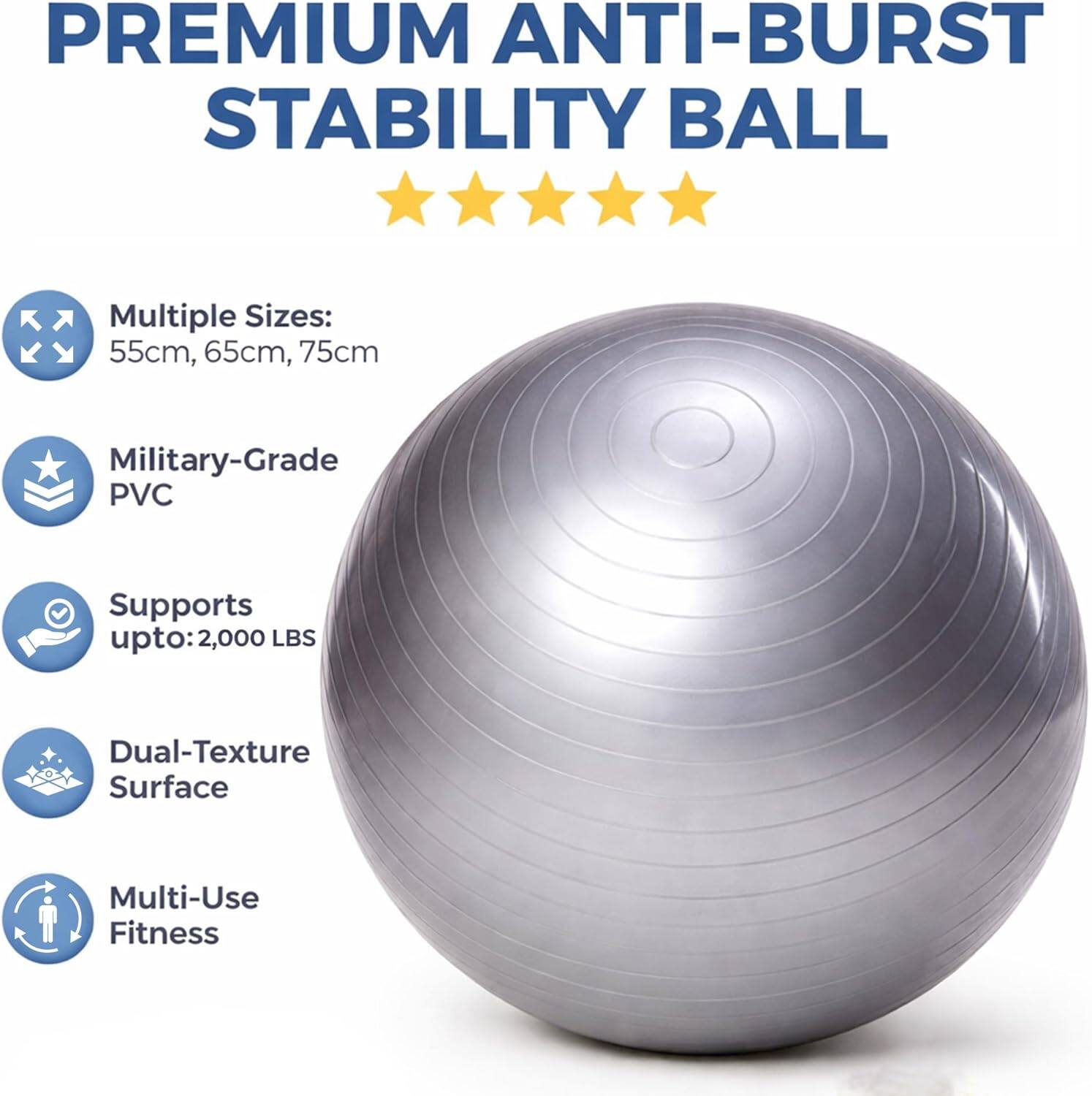 PREMIUM ANTI-BURST STABILITY BALL

Multiple Sizes: 55cm, 65cm, 75cm

Military-Grade PVC

Supports upto: 2,000 LBS

Dual-Texture Surface

Multi-Use Fitness