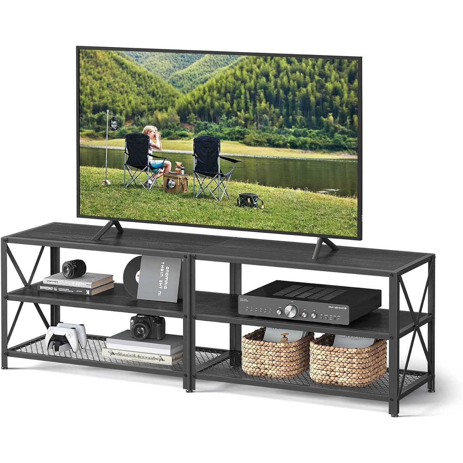 SlickBlue - Industrial Metal and Wood TV Stand for TVs up to 70 Inches - Black