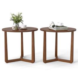 Gymax - 2PCS Round Side Table w/Sturdy Rubber Wood Legs Triangular Structure for Bedroom Walnut - Brown