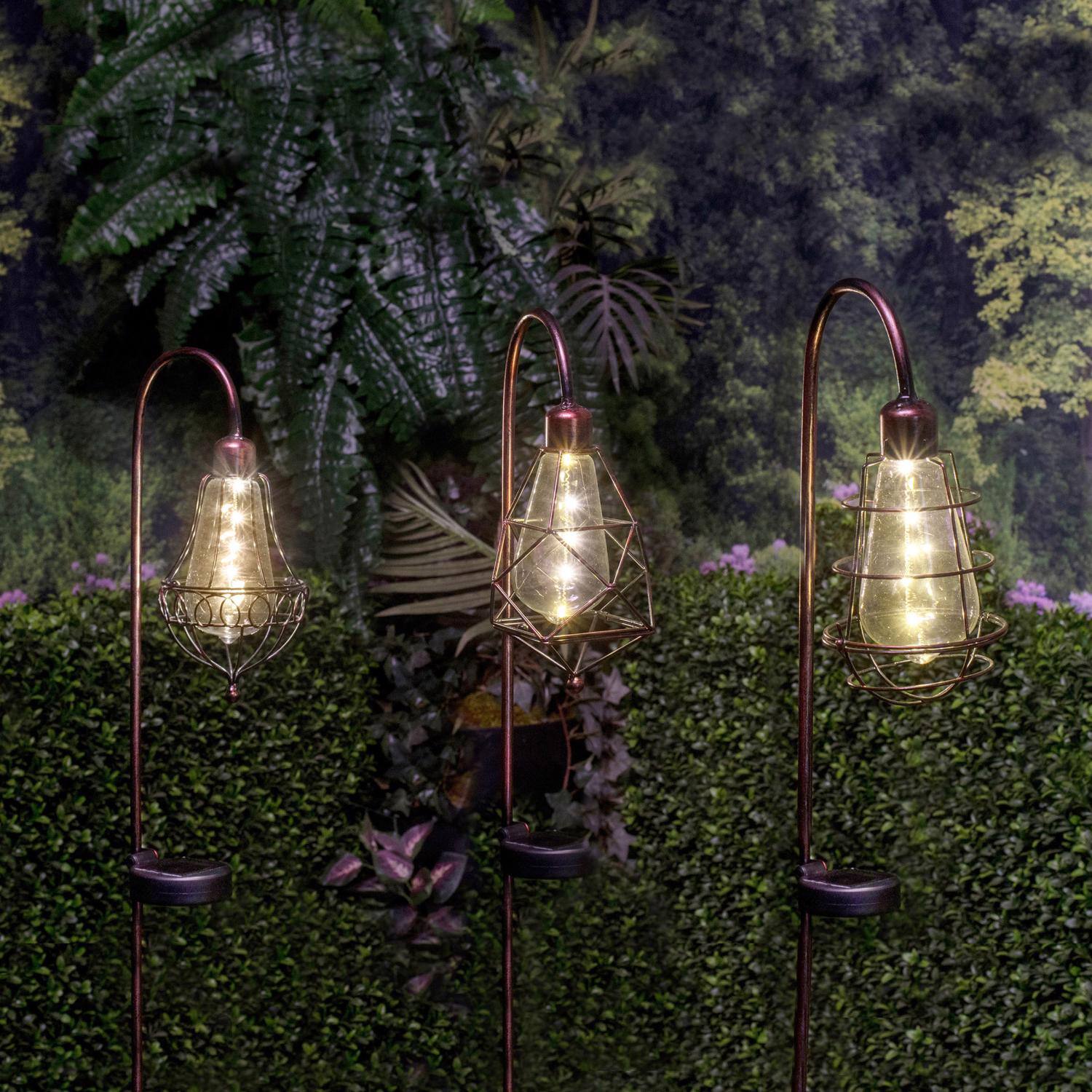 Left. Alpine - Alpine Solalris Bronze Glass/Iron 33 in. H Edison Bulb Solar Garden Stake (Case of 6).