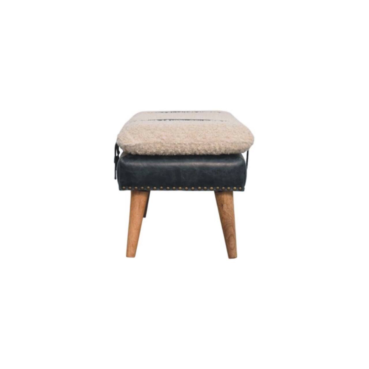 Alt View 4. Artisan Furniture - Artisan Furniture Solid Wood Boucle x Black Leather Bench, Upholstered, Black and White - Black and White.