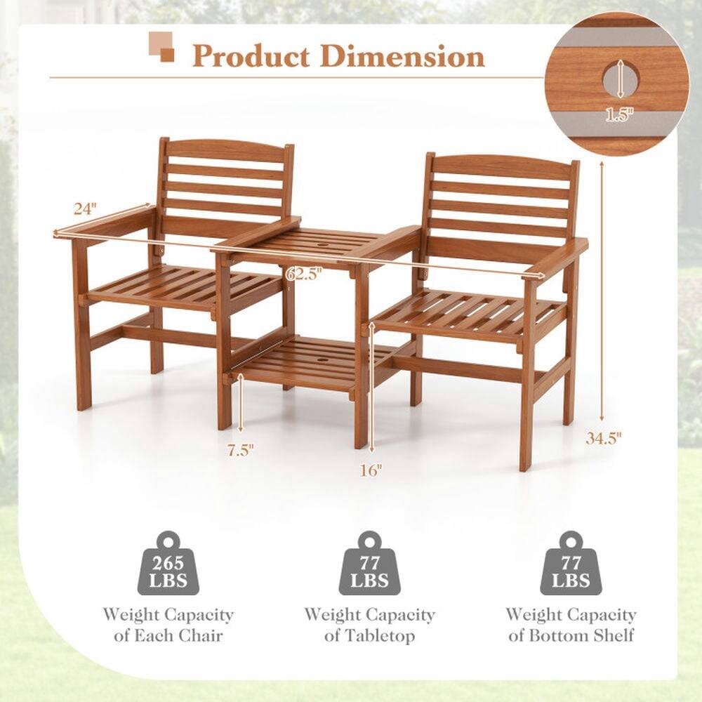 Product Dimension

- 1.5" (Thickness)
- 24" (Width of Seat)
- 2.5" (Height of Seat)
- 7.5" (Height of Backrest)
- 16" (Depth of Seat)
- 34.5" (Height of Table)
- 62.5" (Length of Table)

Weight Capacity

- 265 LBS (Weight Capacity of Each Chair)
- 77 LBS (Weight Capacity of Tabletop)
- 77 LBS (Weight Capacity of Bottom Shelf)