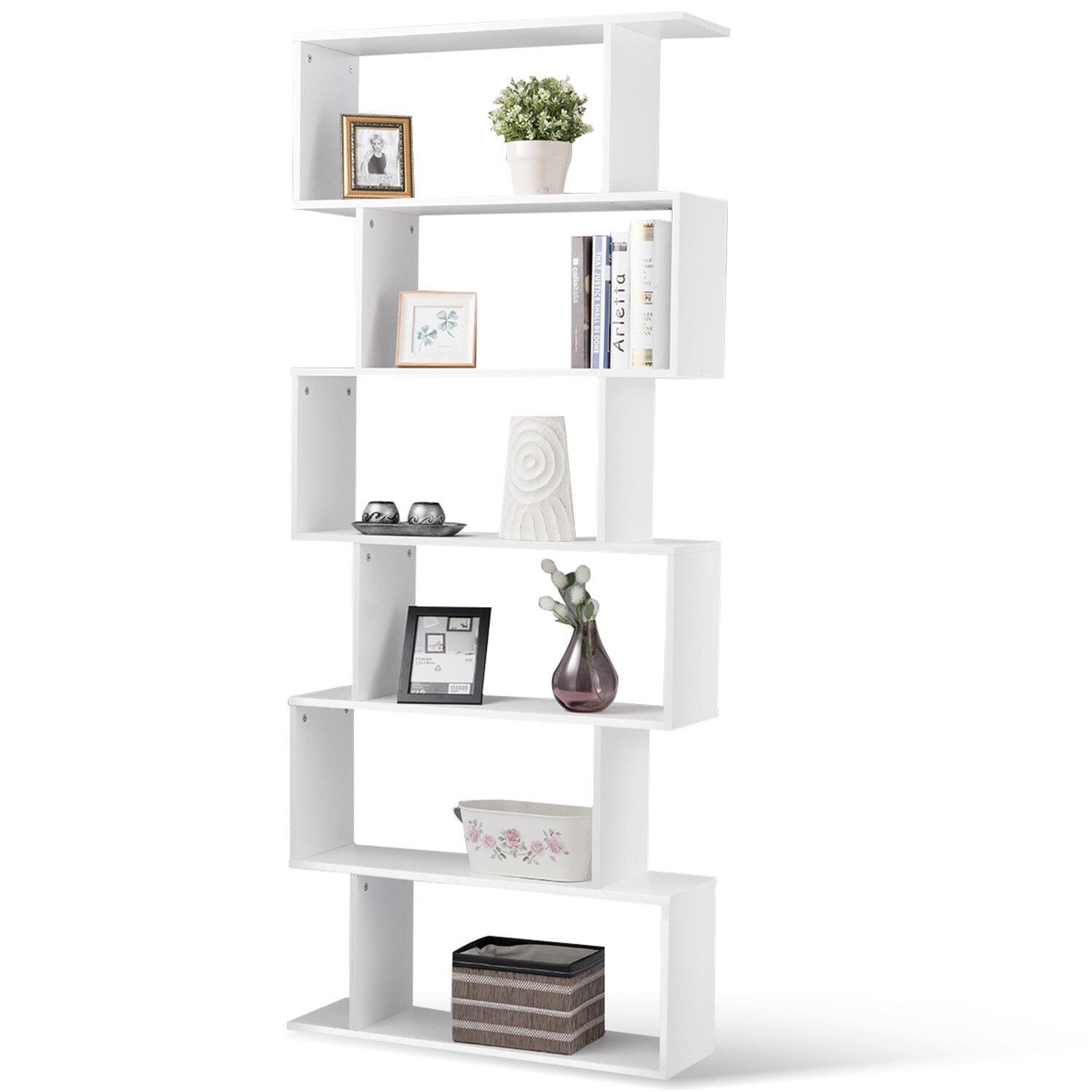 Gymax - 6 Tier S-Shaped Bookcase Z-Shelf Style Storage Display Modern Bookshelf - White