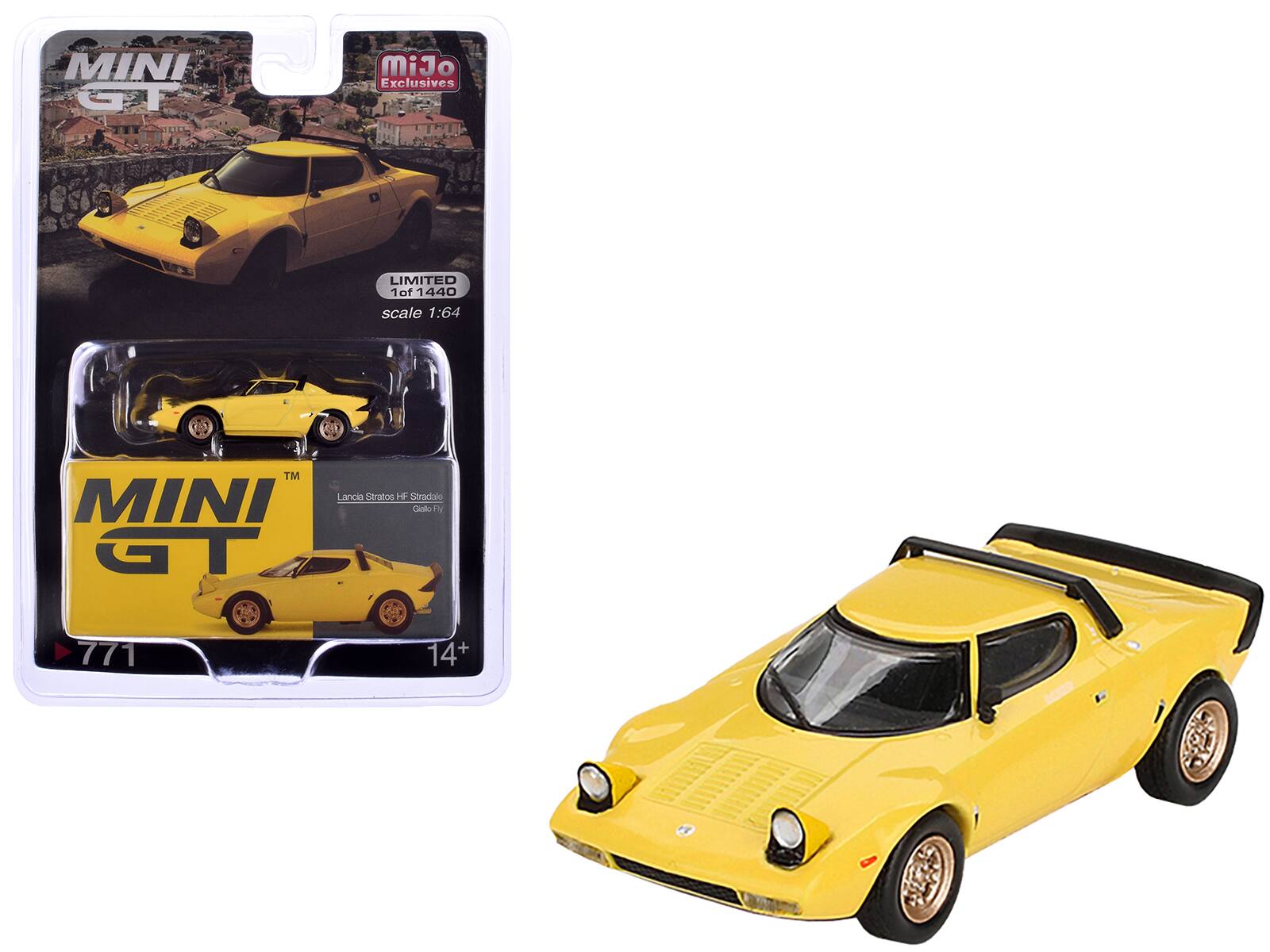 Lancia Stratos HF Stradale Giallo Fly Limited Edition to 1440 pieces Worldwide 1/64 Diecast Model Car by Mini GT - Yellow