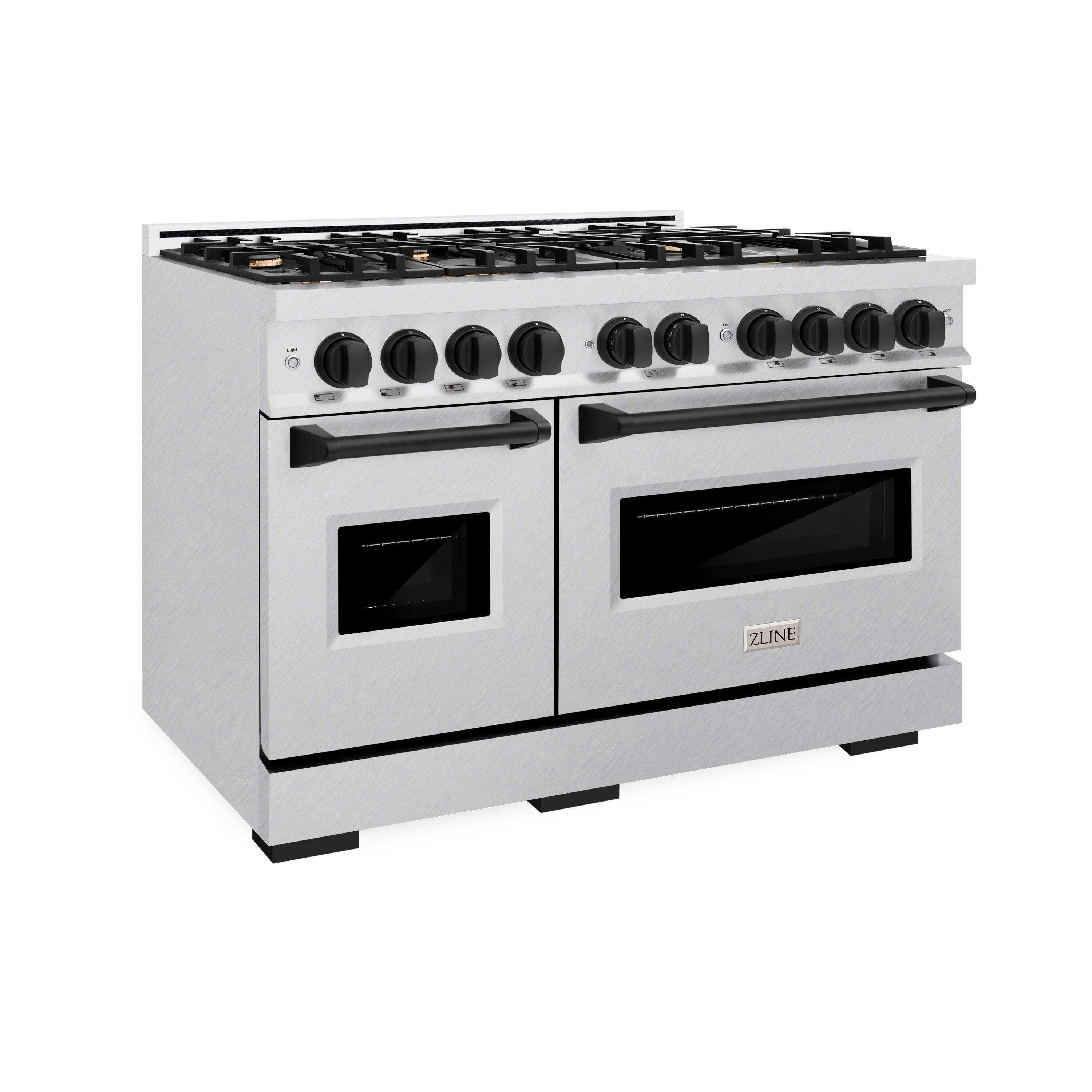 Left. ZLINE - ZLINE Autograph 48 in. Classic Satin Steel Gas Range w/ 8 Burners & Black Accents (CGRSZ-48-MB) - Stainless Steel.