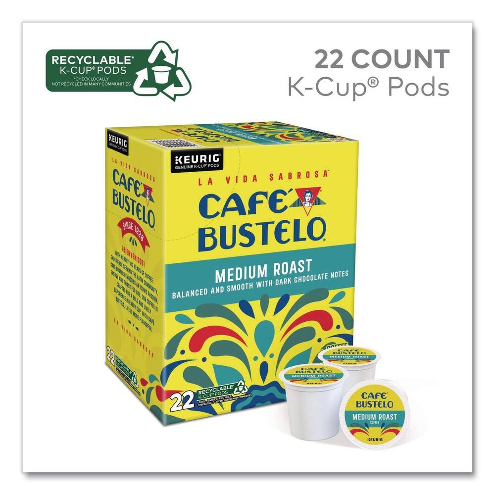 RECYCLABLE* 22 COUNT K-CUP® PODS  
CHECK LOCALLY NOT RECYCLED IN MANY COMMUNITIES  

KEURIG  
GENUINE K-CUP® PODS  

CAFE BUSTELO  
LA VIDA SABROSA  
SINCE 1928  

MEDIUM ROAST  
BALANCED AND SMOOTH WITH DARK CHOCOLATE NOTES  

22 COUNT K-CUP® PODS  

RECYCLABLE* K-CUP® PODS  
CHECK LOCALLY NOT RECYCLED IN MANY COMMUNITIES