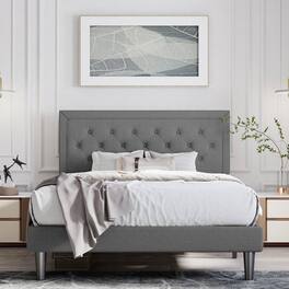 Hivvago - King Size Linen Upholstered Platform Bed with Button-Tufted Headboard - Dark Gray