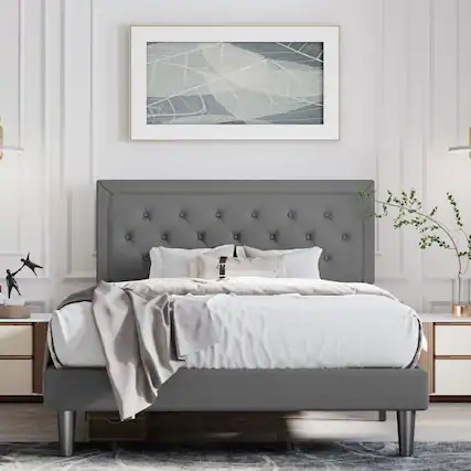 Front. Hivvago - Hivvago Queen Linen Upholstered Platform Bed with Button-Tufted Headboard - Dark Grey.
