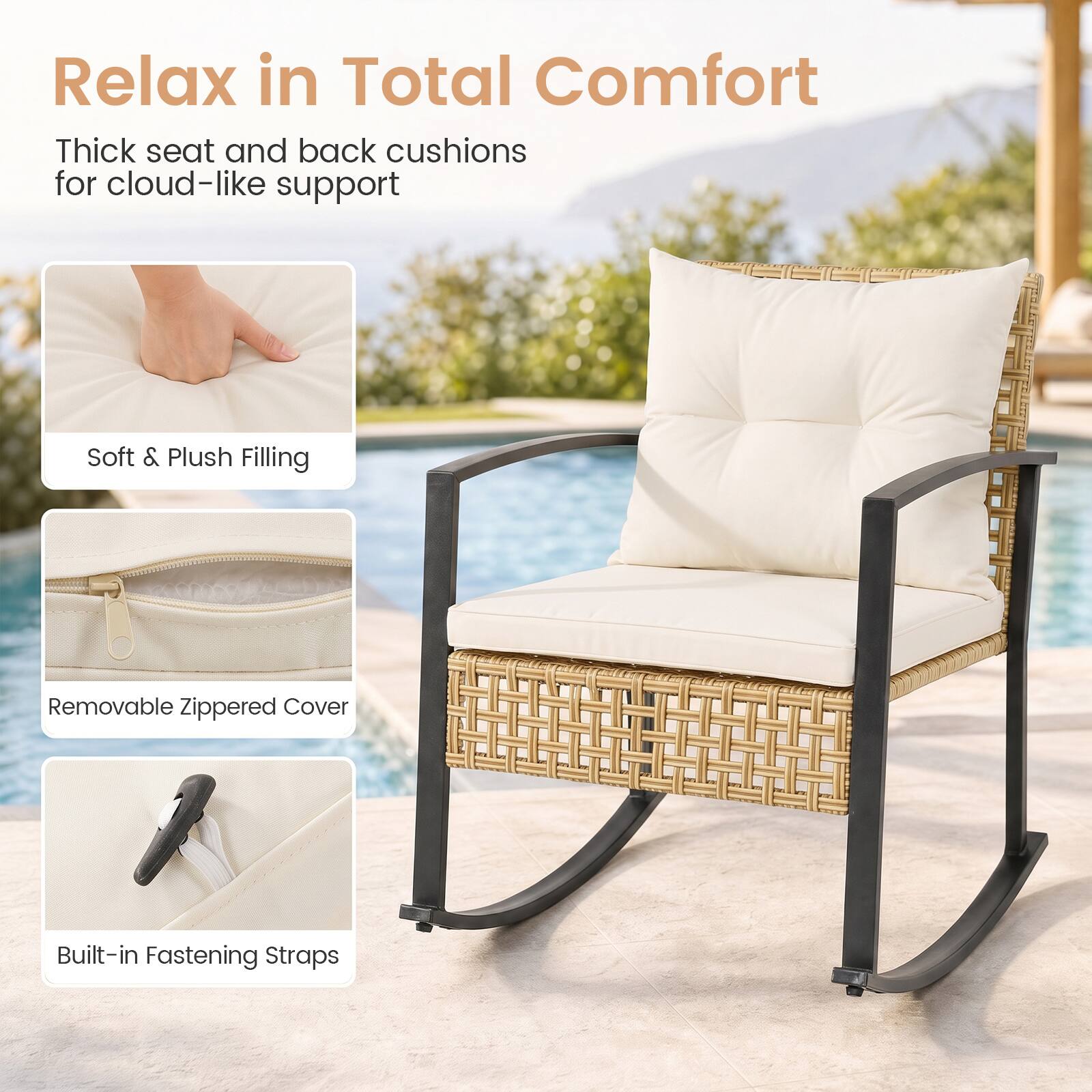 Relax in Total Comfort

Thick seat and back cushions for cloud-like support

Soft & Plush Filling

Removable Zippered Cover

Built-in Fastening Straps