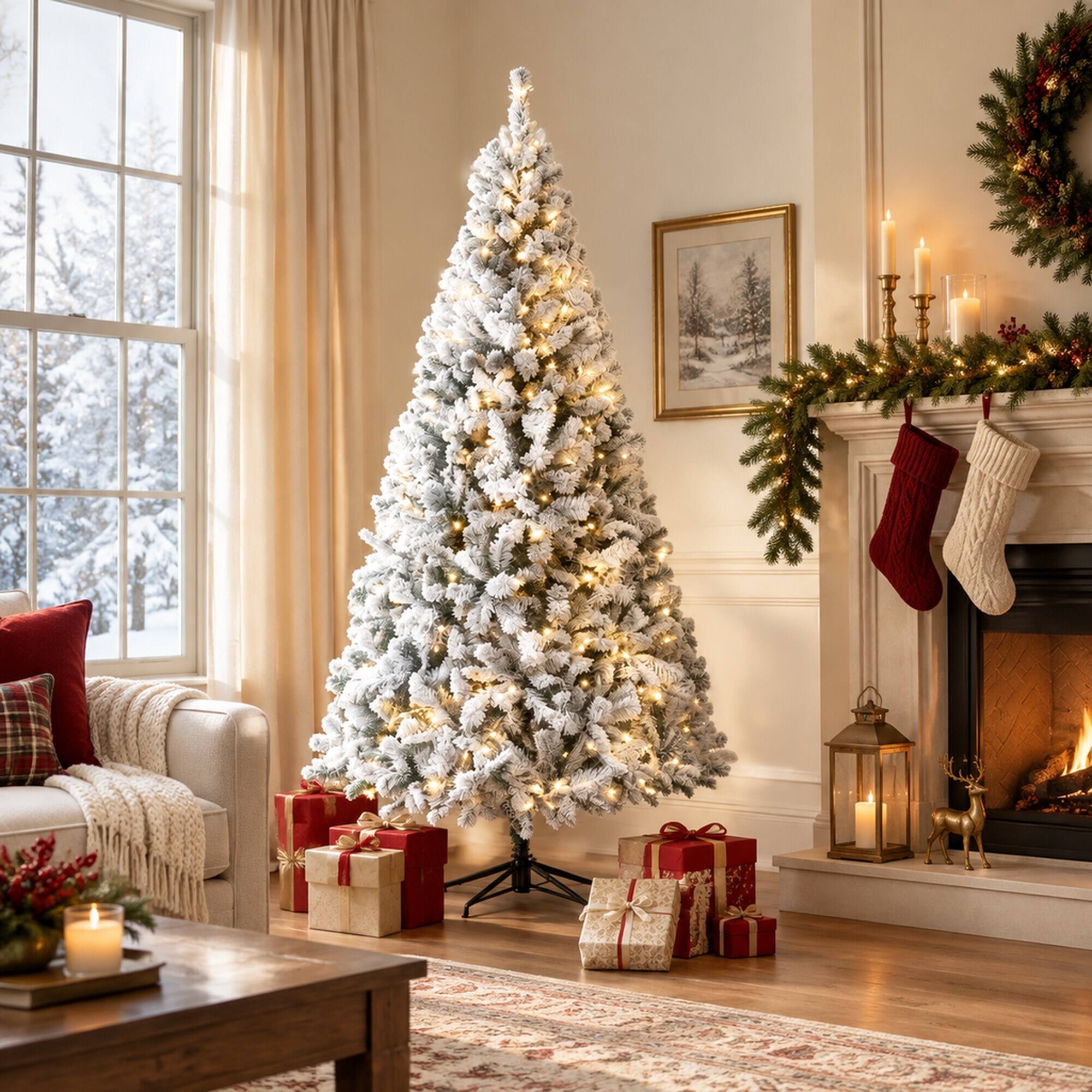 Left. RYHNUYNE - 6FT Pre-Lit Flocked Fraser Fir Christmas Tree With LED Lights and Hinged Branches, Foldable Metal Base - White.