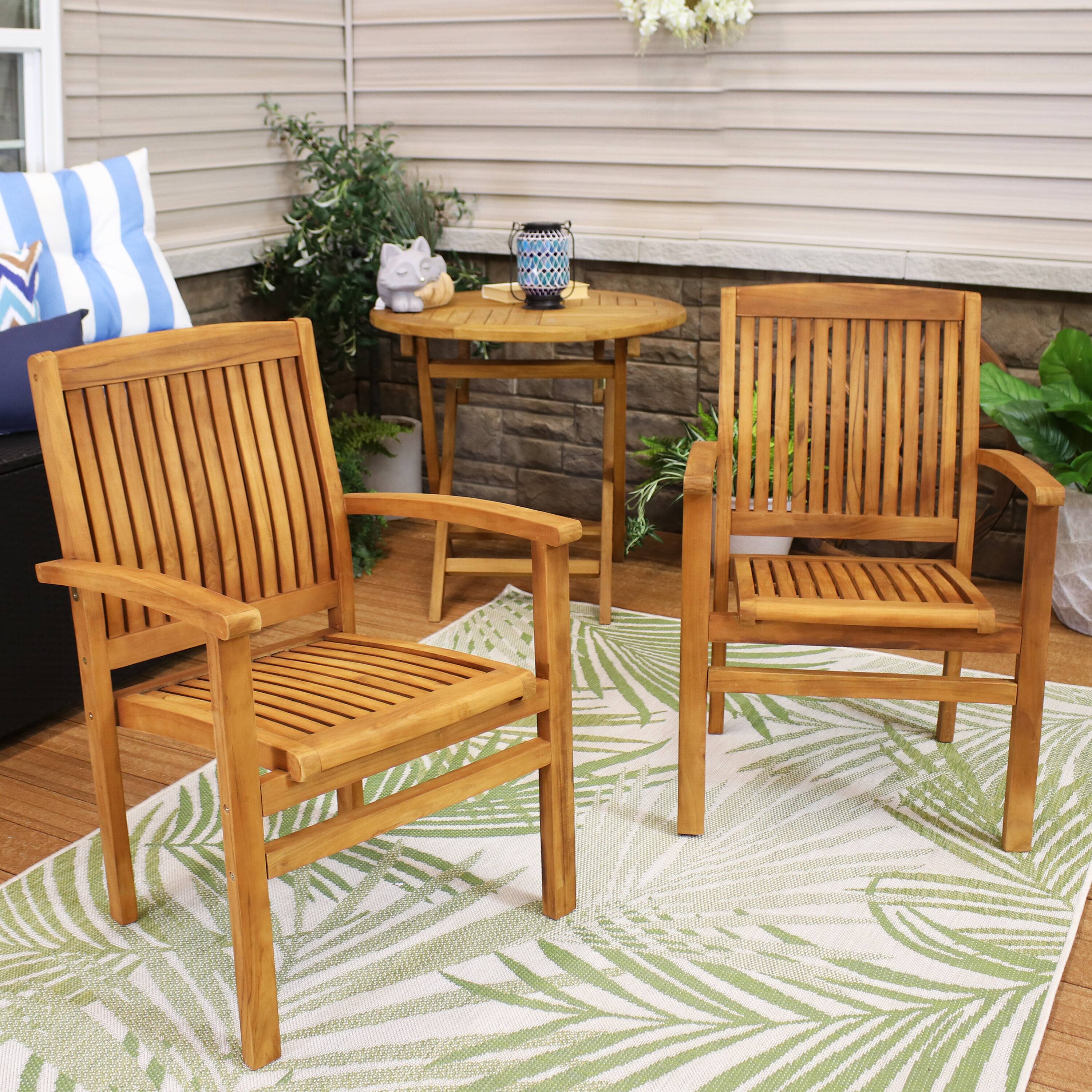 Alt View 4. Sunnydaze - 2 Solid Teak Wood Stackable Outdoor Dining Armchair - Light Brown.