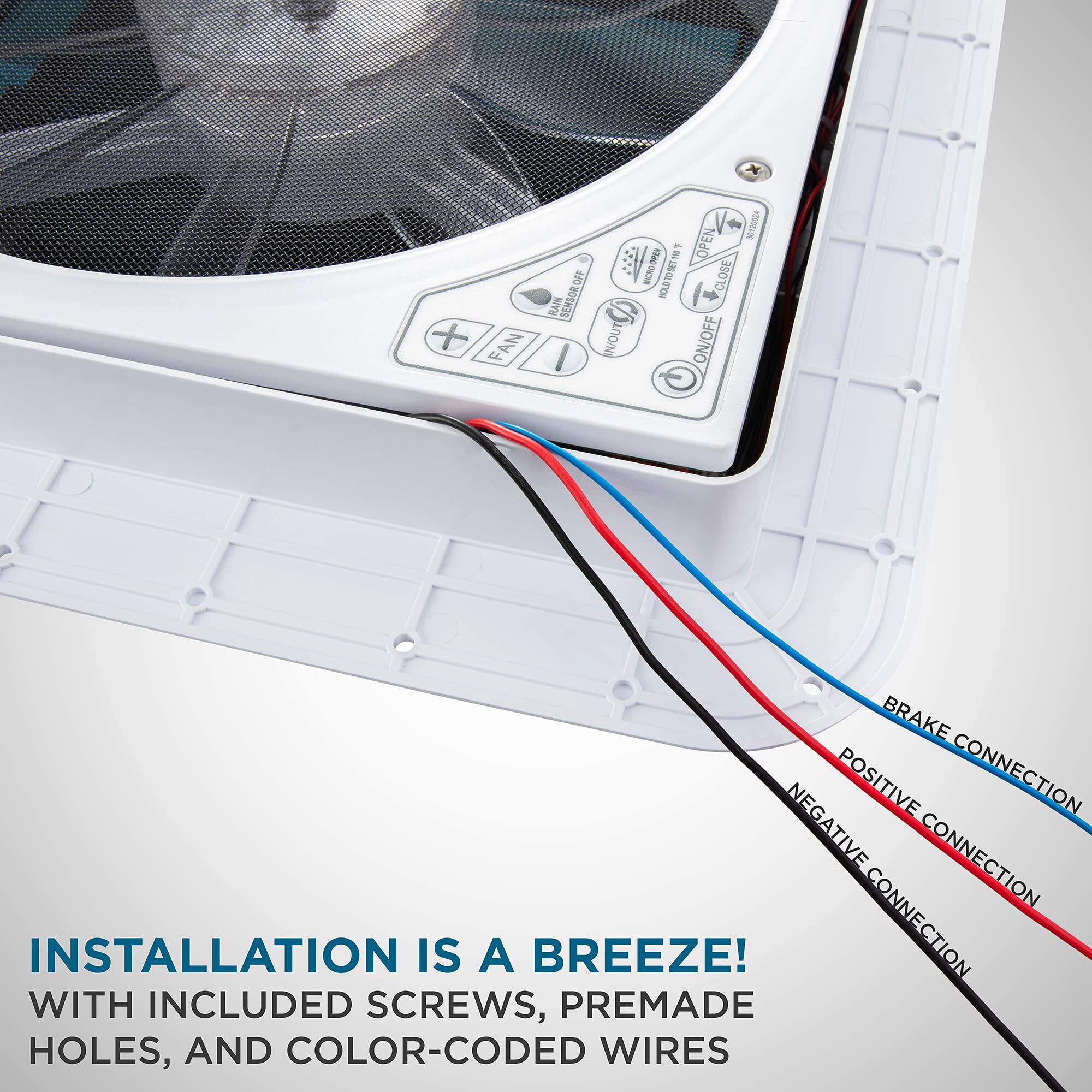 FAN L V 1 3A2944 2 OPEN 2 I MOLD15-/67 187 a CLOSE SENSOR.OFF a  1 unond IN/OUT ON/OFF BRAKE POSITIVE CONNECTION NEGATIVE CONNECTION INSTALLATION IS A BREEZE! CONNECTION WITH INCLUDED SCREWS, PREMADE HOLES, AND COLOR-CODED WIRES