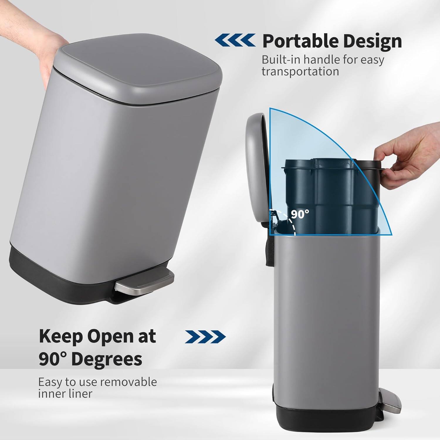 Portable Design  
Built-in handle for easy transportation  

Keep Open at 90° Degrees  
Easy to use removable inner liner