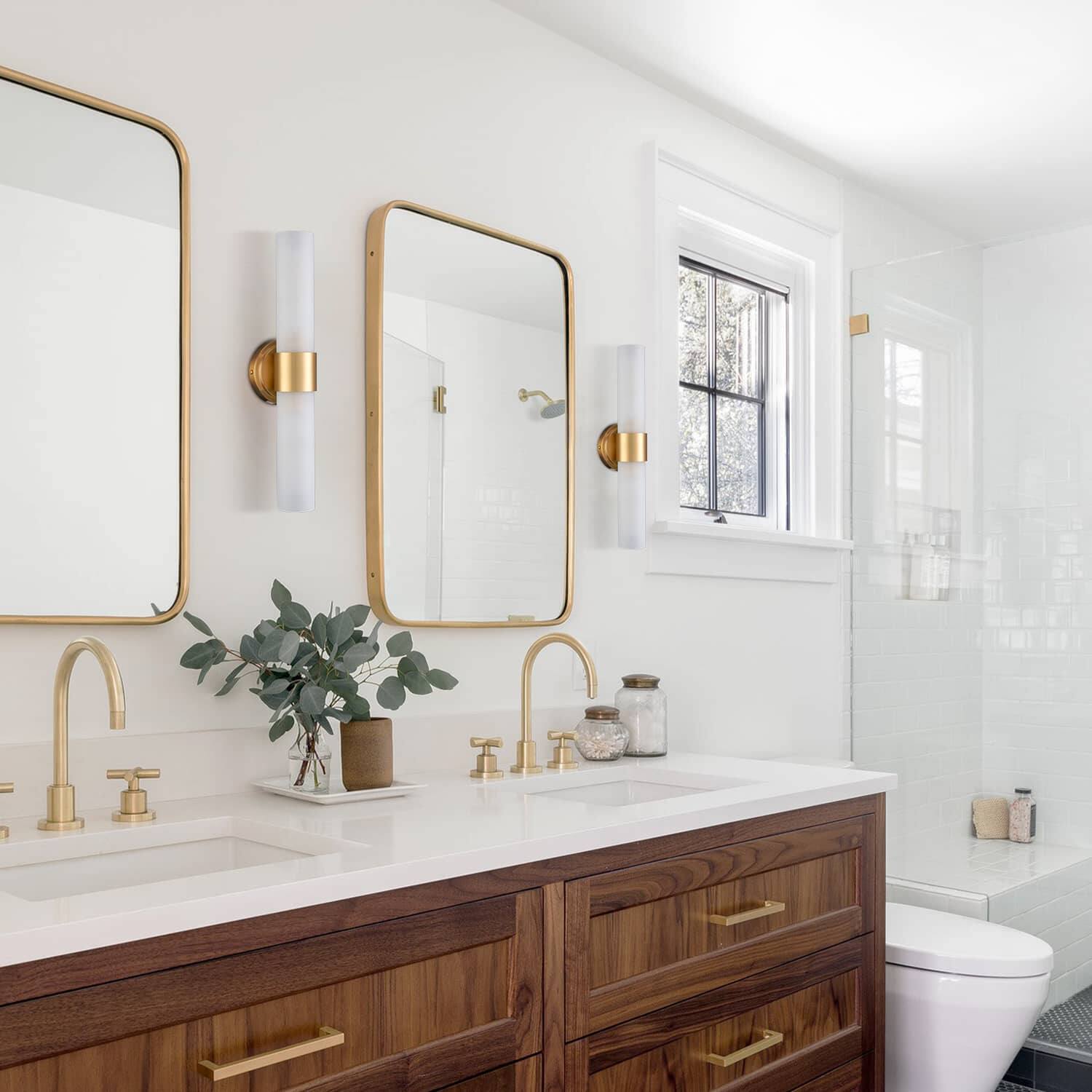 Left. MOOSE - Modern Gold Bathroom Sconces Cylinder Frosted Glass, 2-Light - Gold.