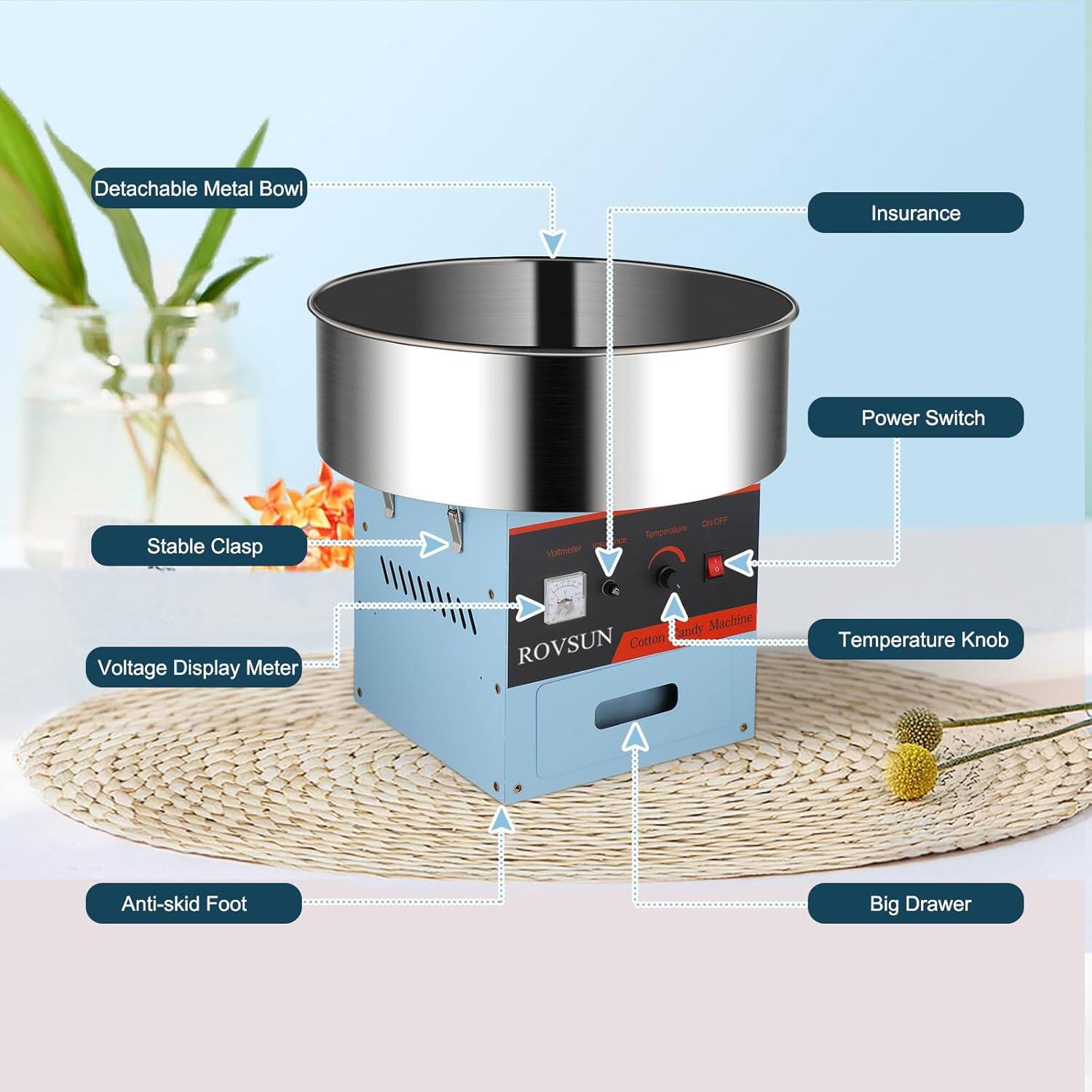 Detachable Metal Bowl  
Insurance  
Power Switch  
Stable Clasp  
Voltage Display Meter  
Anti-skid Foot  
Big Drawer  
Temperature Knob  
Cotton
