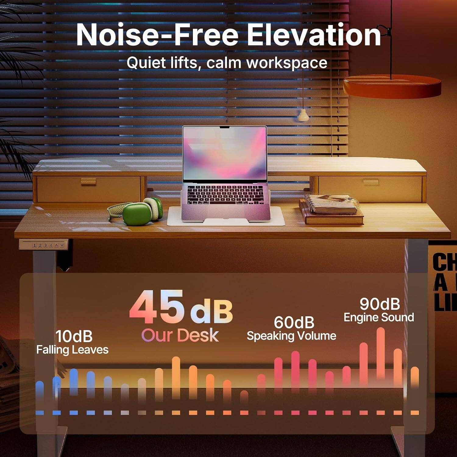 Noise-Free Elevation  
Quiet lifts, calm workspace  

1234AV  

45 dB  
Our Desk  

10dB  
Falling Leaves  

60dB  
Speaking Volume  

90dB  
Engine Sound