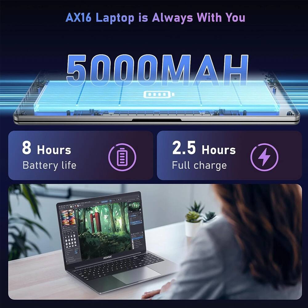 AX16 Laptop is Always With You  
5000MAH  
8 Hours Battery life  
2.5 Hours Full charge