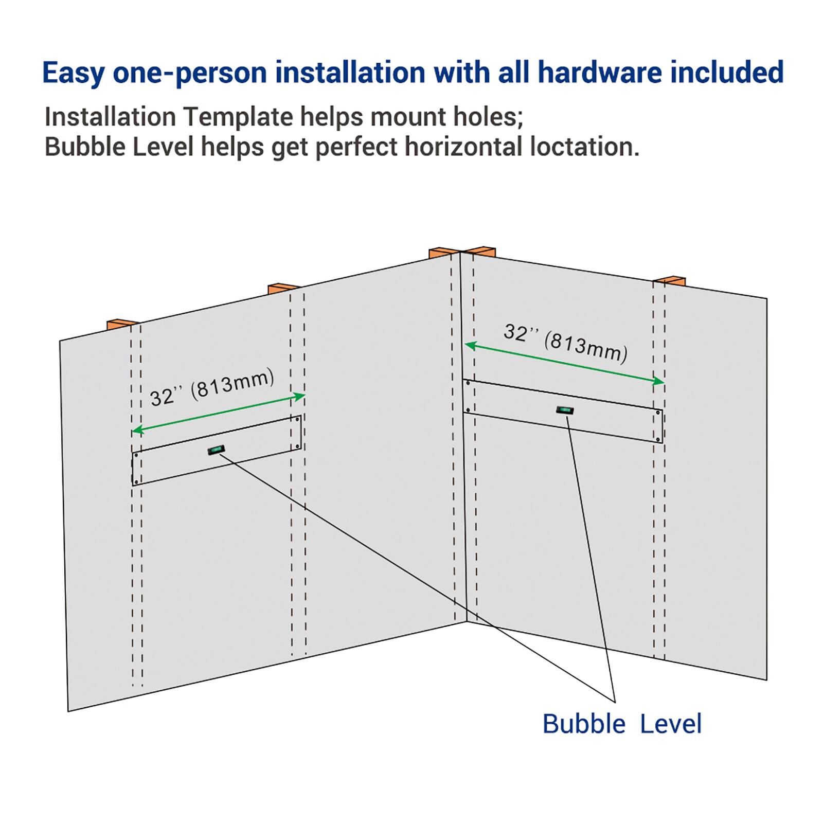 Easy one-person installation with all hardware included. Installation Template helps mount holes; Bubble Level helps get perfect horizontal location. 32" (813mm) 32" (813mm) Bubble Level