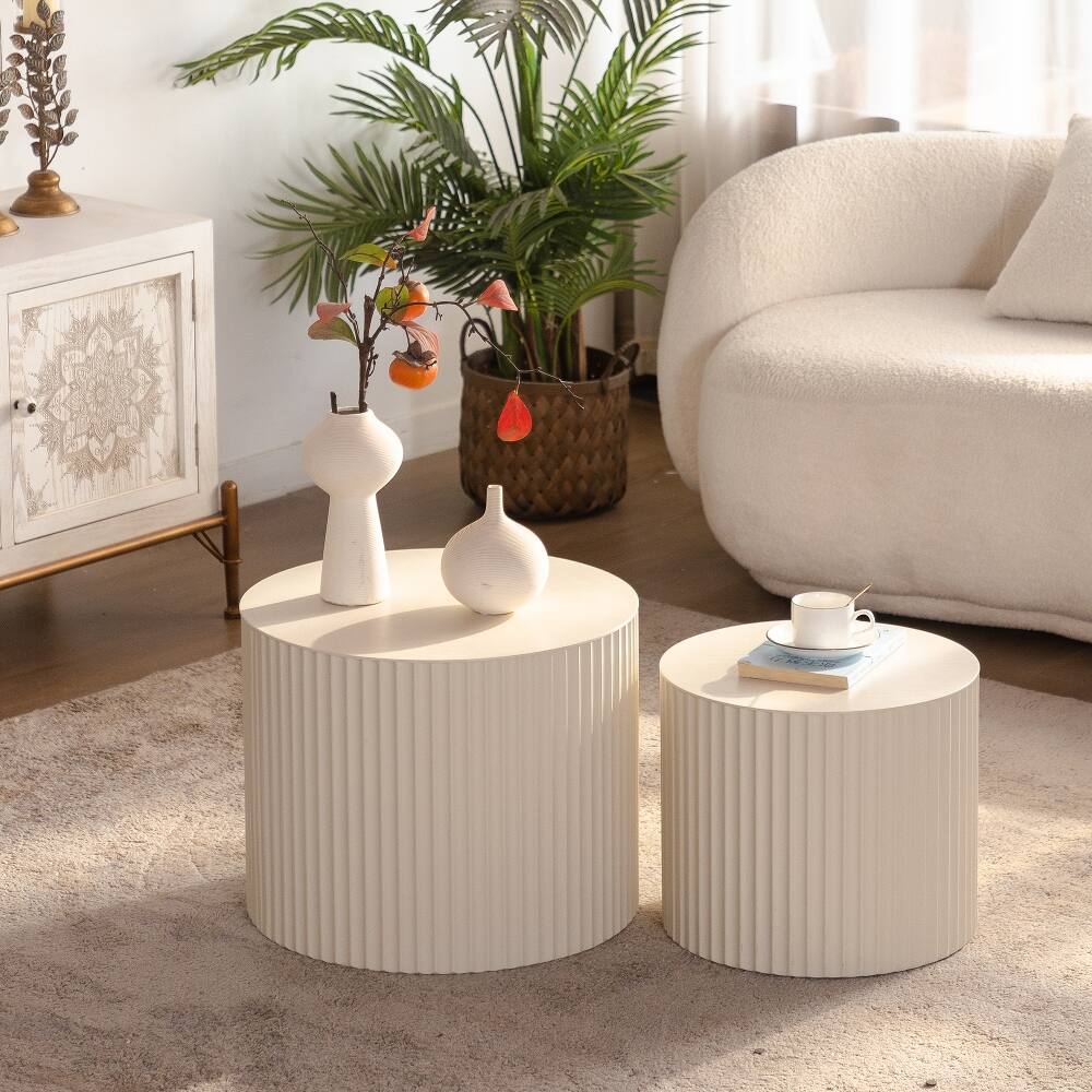 Alt View 7. Loheer - Loheer Beige Nesting Coffee Table Set of 2 Modern Drum Side Table Wave Stripe Round End Table for Living Room - Beige.