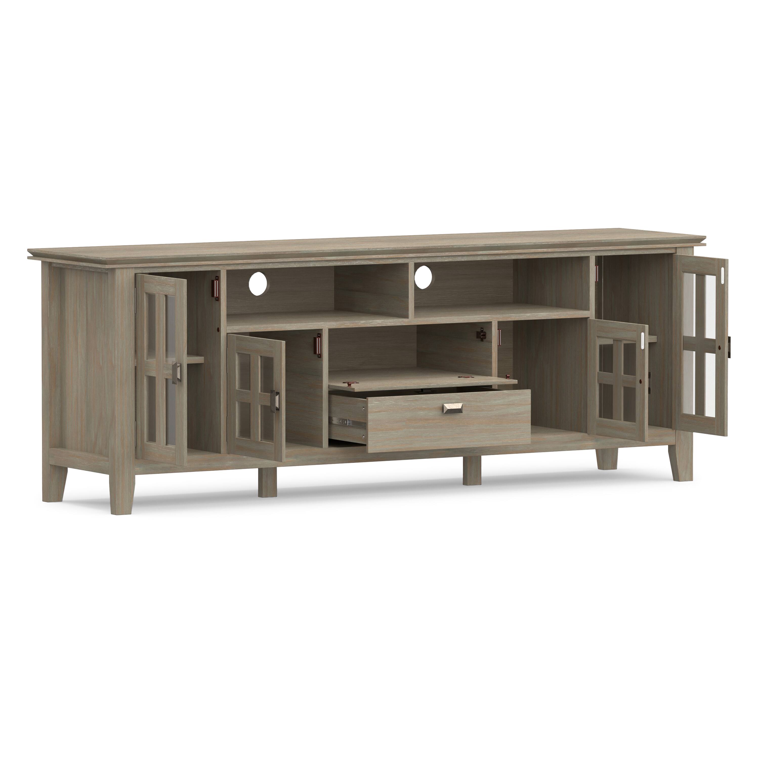 Back. Simpli Home - Artisan 72W Low TV Stand with Drawers, Glass Doors and Cubbies - Distressed Gray.