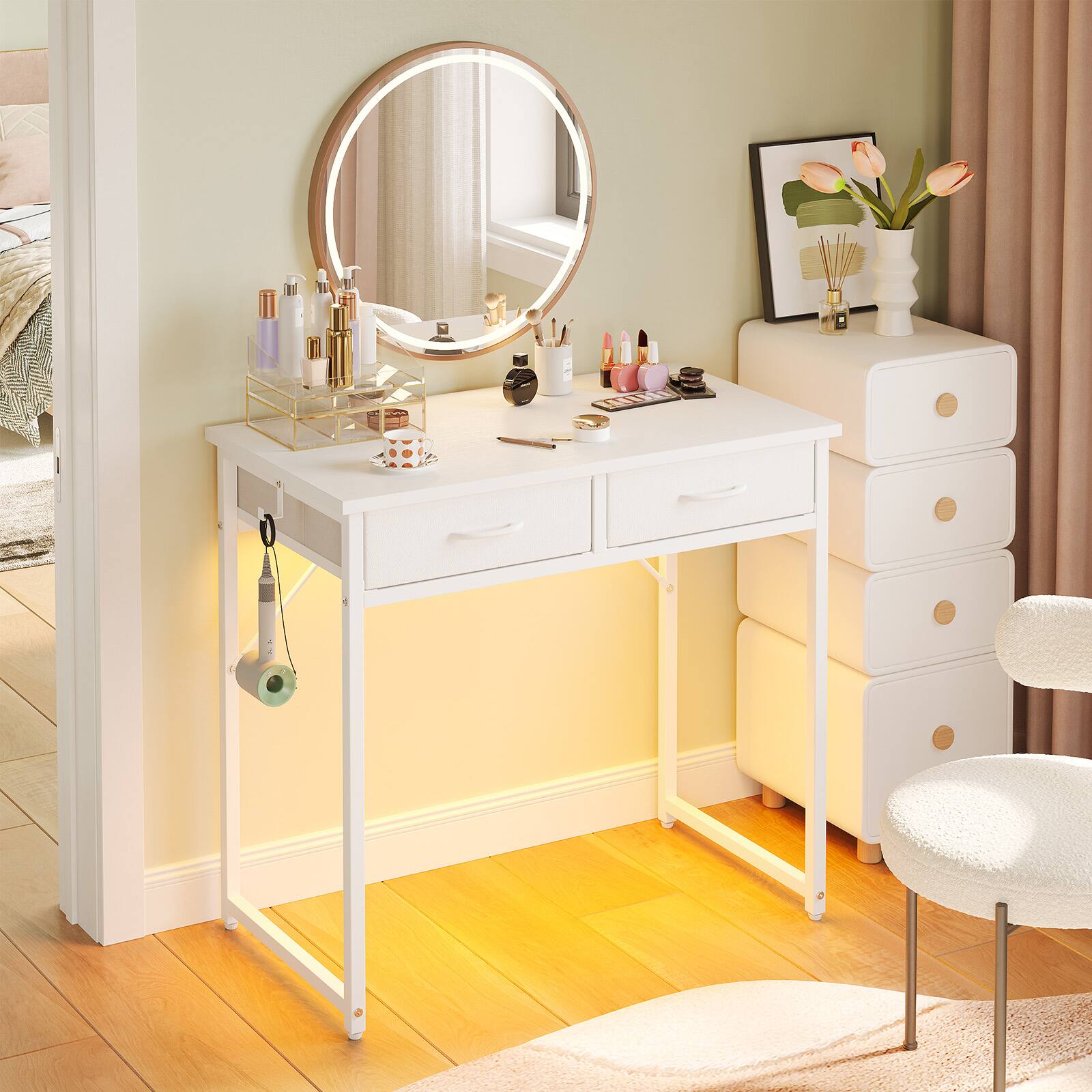 Angle. Pinmoco - Pinmoco - 32 Inch LED Writing Desk Office Desk Computer Desk Kids Study Desk Vanity Desk with RGB Lights & Smart Storage - White.