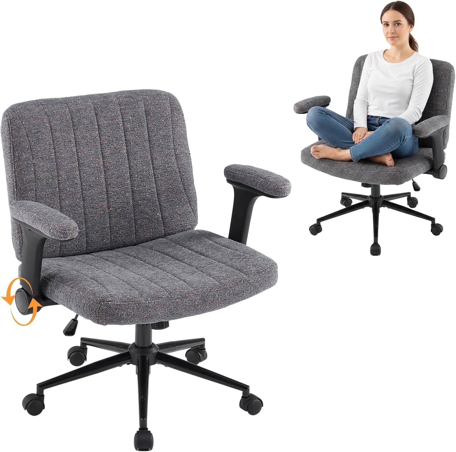 Winado - Chenille Adjustable Flip-Up Arms Cross Legged Chair Wide Rolling Chair for Home Office Desk Make Up Bedroom Apartment - Dark Gray