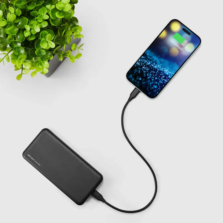 The text on the image reads "75% Charged BEST BUY essentials."
