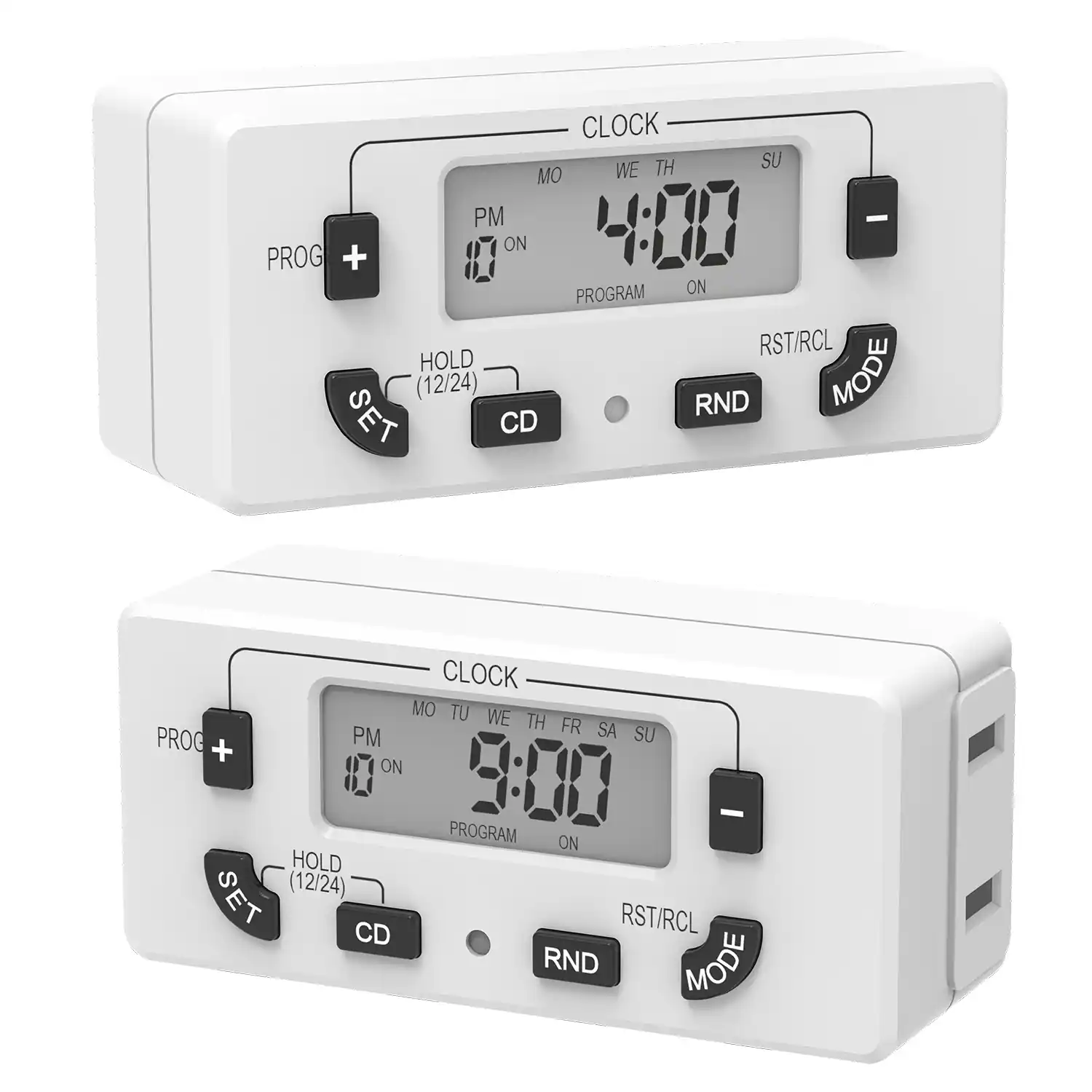CLOCK MO TU WE TH FR SA SU  
PM ON PROG + PROGRAM ON HOLD SET (12/24) CD RST/RCL RND MODE