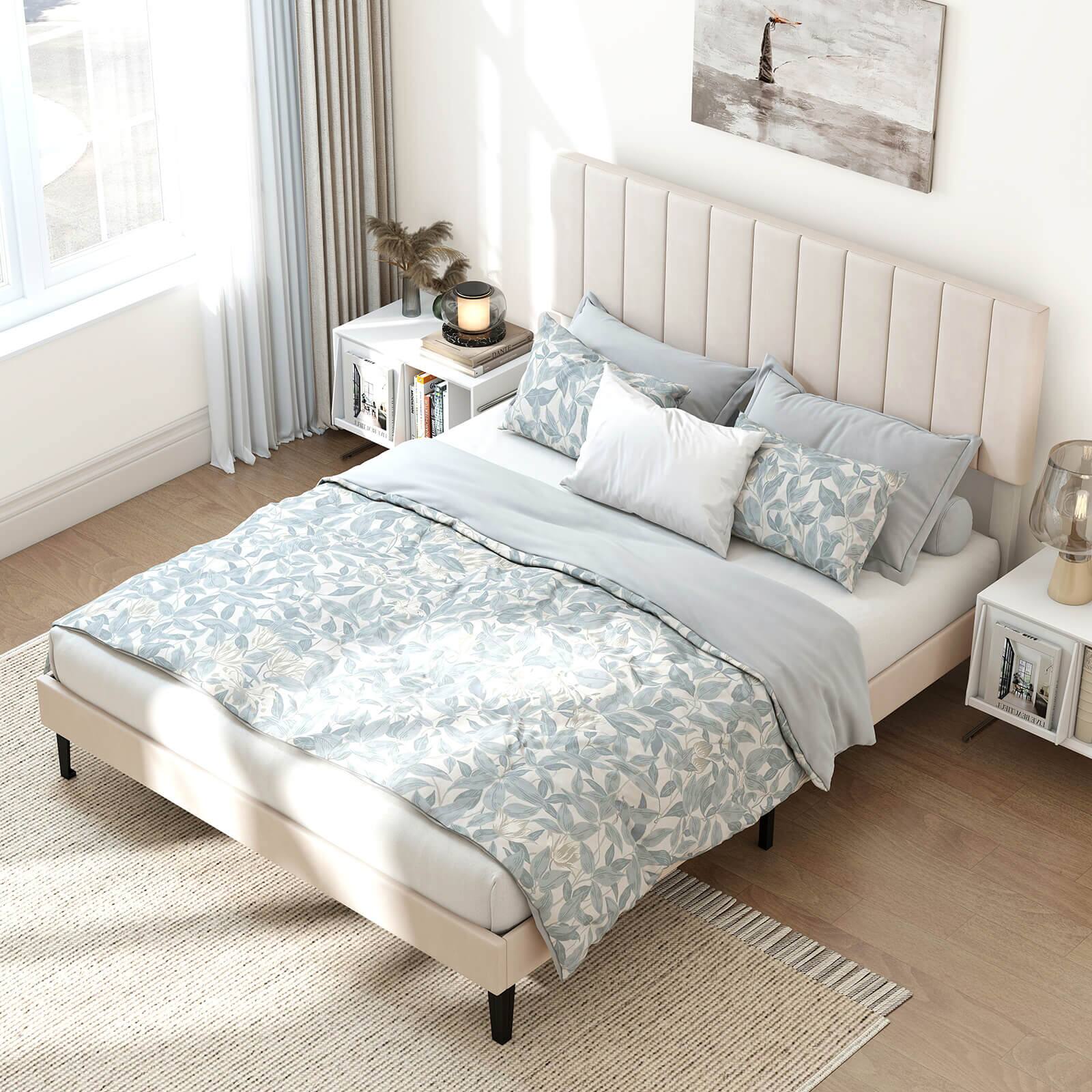 Alt View 4. Costway - Costway Queen Size Velvet Bed Frame with Height Adjustable Vertical Channel Headboard - Beige.