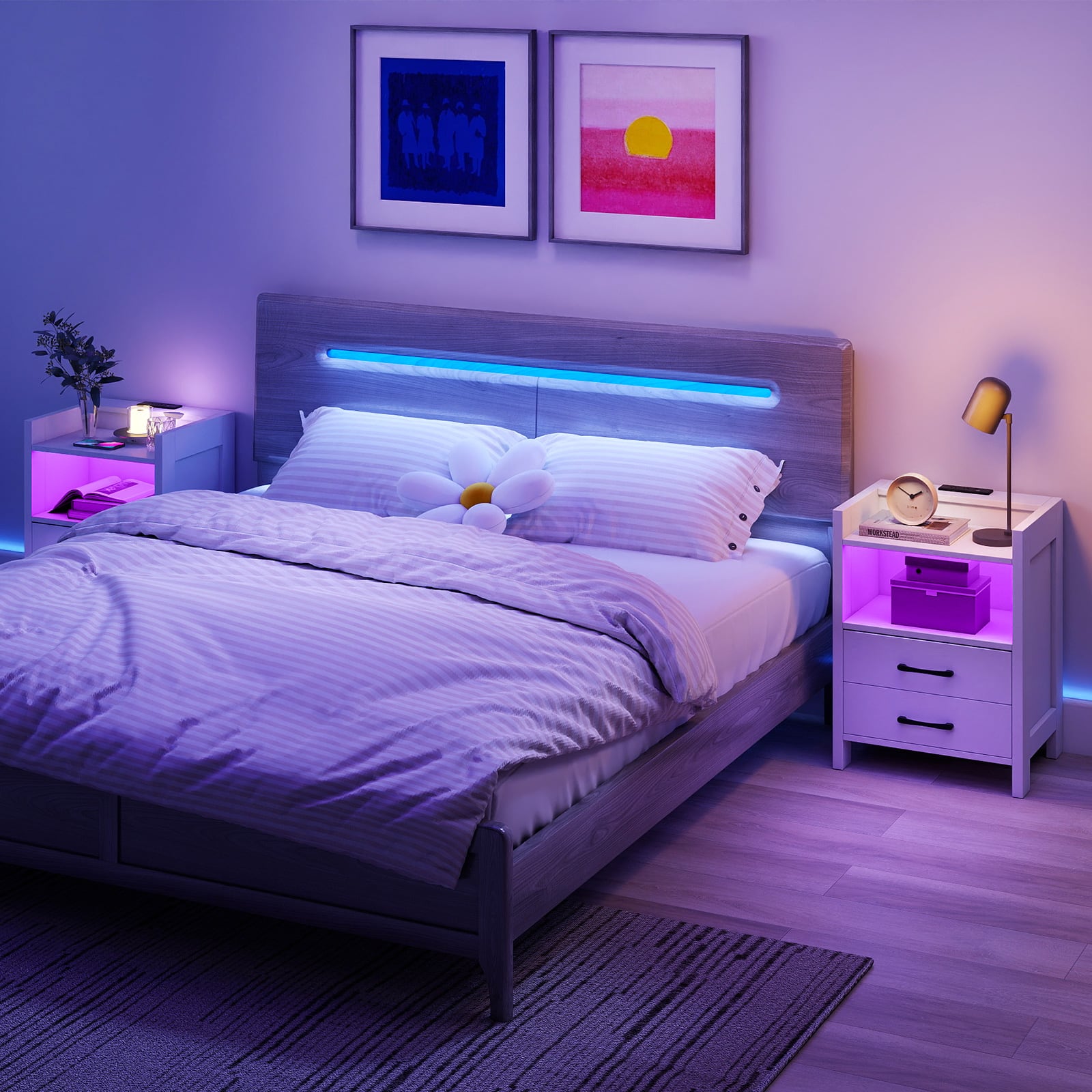 Gymax Nightstand w/ LED Lights & Charging Station 23.5'' Smart
