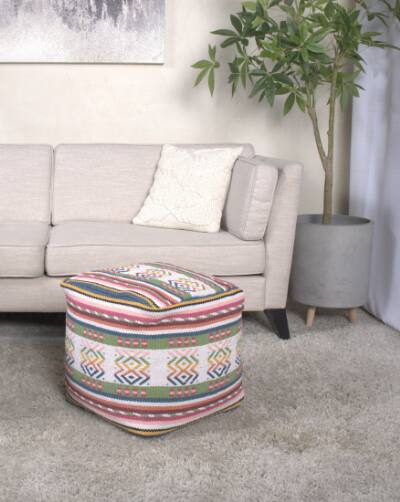 Front. Tiramisubest - Inca Handcrafted Peruvian Print Square Pouf, White, Pink, Multicolor - White.