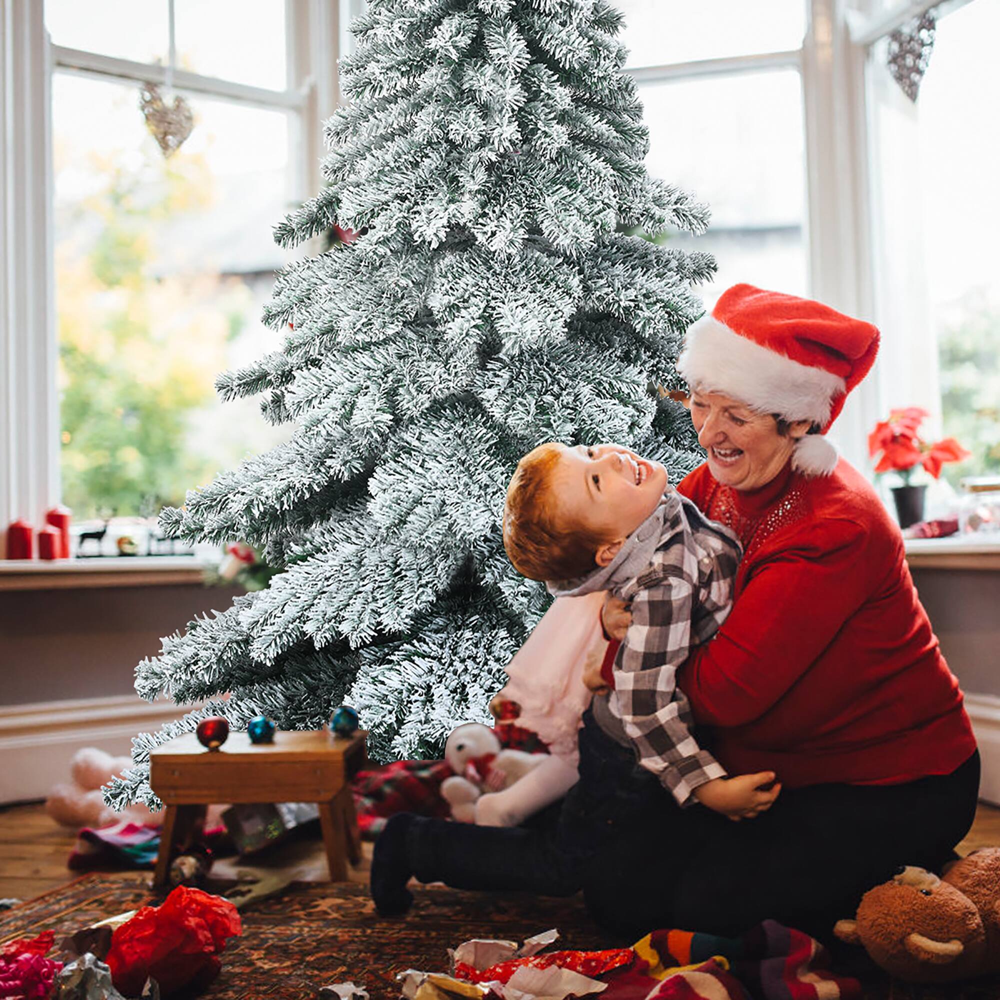 Alt View 14. Costway - 7.5 ft Snow Flocked Artificial Christmas Tree Hinged Alaskan Pine Tree Holiday - Green/White.