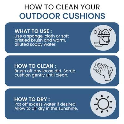 HOW TO CLEAN YOUR OUTDOOR CUSHIONS

WHAT TO USE:
Use a sponge, cloth or soft bristled brush and warm, diluted soapy water.

HOW TO CLEAN:
Brush off any loose dirt. Scrub cushion gently until clean.

HOW TO DRY:
Pat off excess water if desired. Allow to air dry in the sunshine.