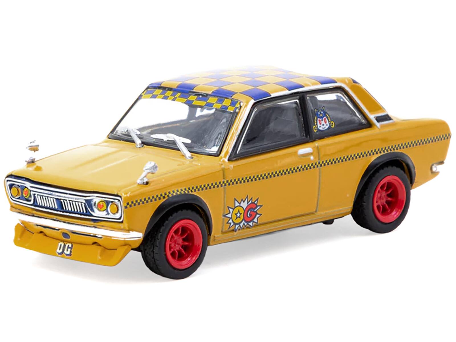 Angle. Tarmac Works - Datsun 510 "OG Beer" Yellow with Checkered Top "Hobby64" Series 1/64 Diecast Model Car by Tarmac Works - Yellow.