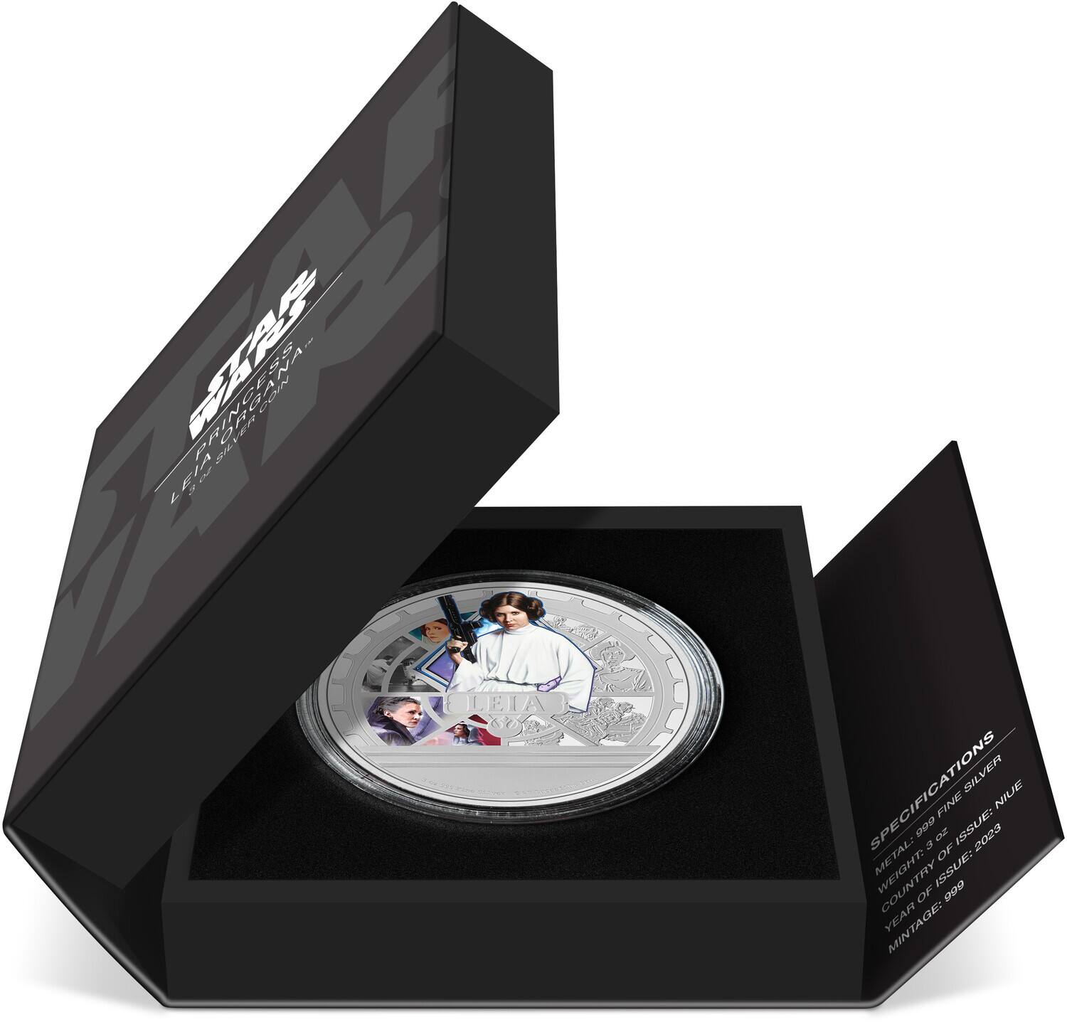 **Star Wars: The Rise of Skywalker**

**Specifications**
- Metal: 99.9% Fine Silver
- Weight: 3 oz
- Country of Issue: Niue
- Year of Issue: 2023
- Mintage: 999

**LEIA SPECIFICATIONS**
- SILVER
- FINE 999
- WEIGHT: 3 oz
- ISSUE: 2023
- MINTAGE: 999
