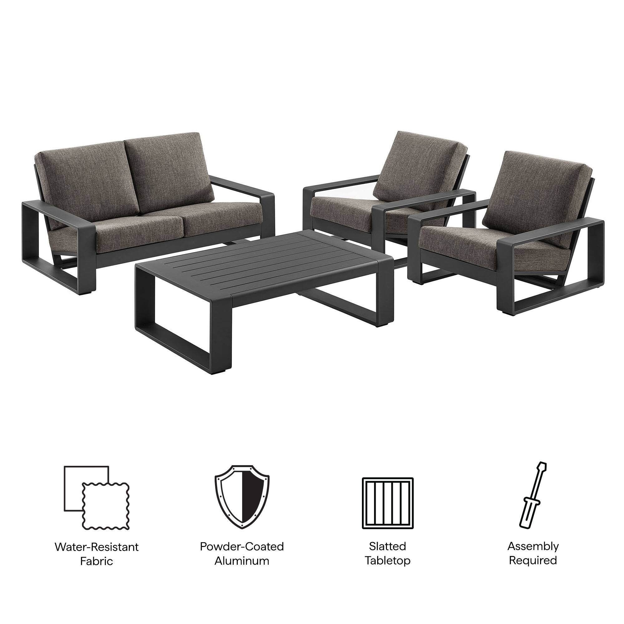 Water-Resistant Fabric, Powder-Coated Aluminum, Slatted Tabletop, Assembly Required