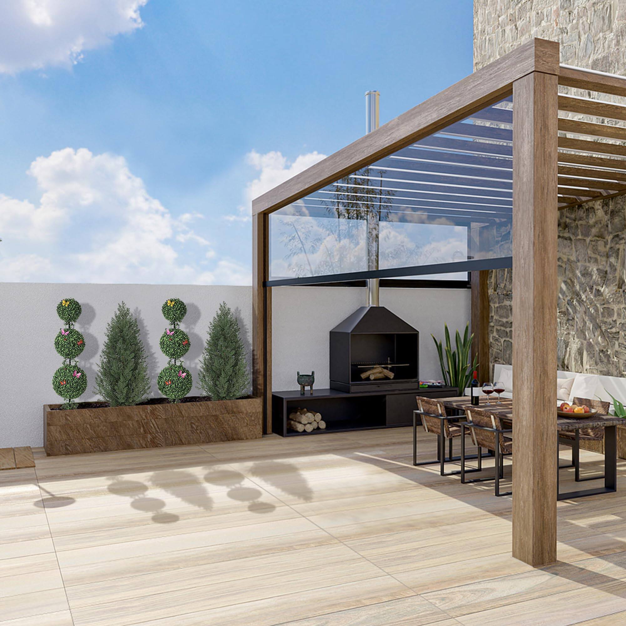 Alt View 2. Homhougo - 5 FT Artificial Triple Ball Topiary Trees, Artificial Plants Outdoor with Vines & Insects Decoration, Set of 2 - Green.