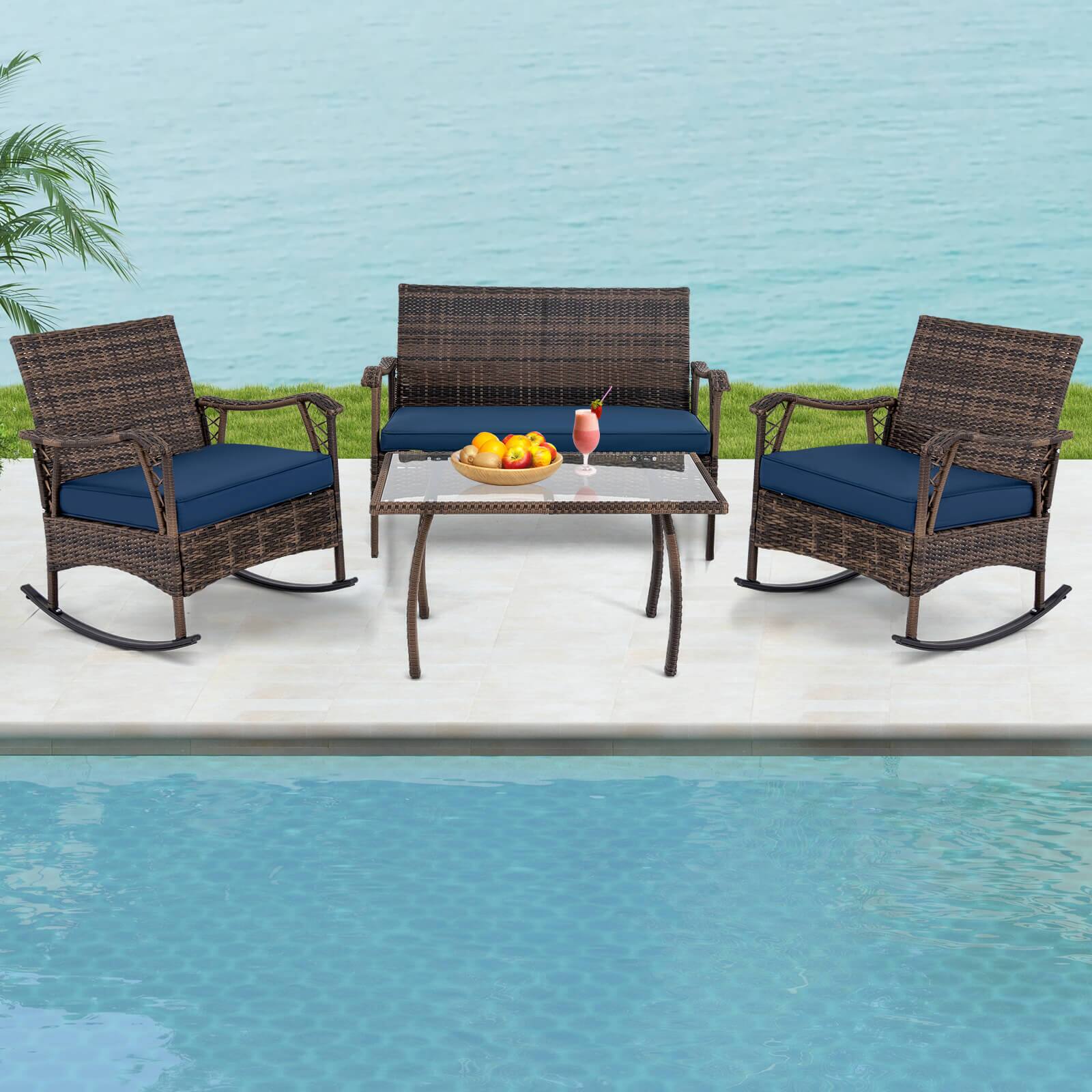 Alt View 1. Costway - Costway 4 PCS Wicker Rocking Set with Loveseat & Coffee Table Heavy-Duty Metal Frame - Mix Brown,Navy.
