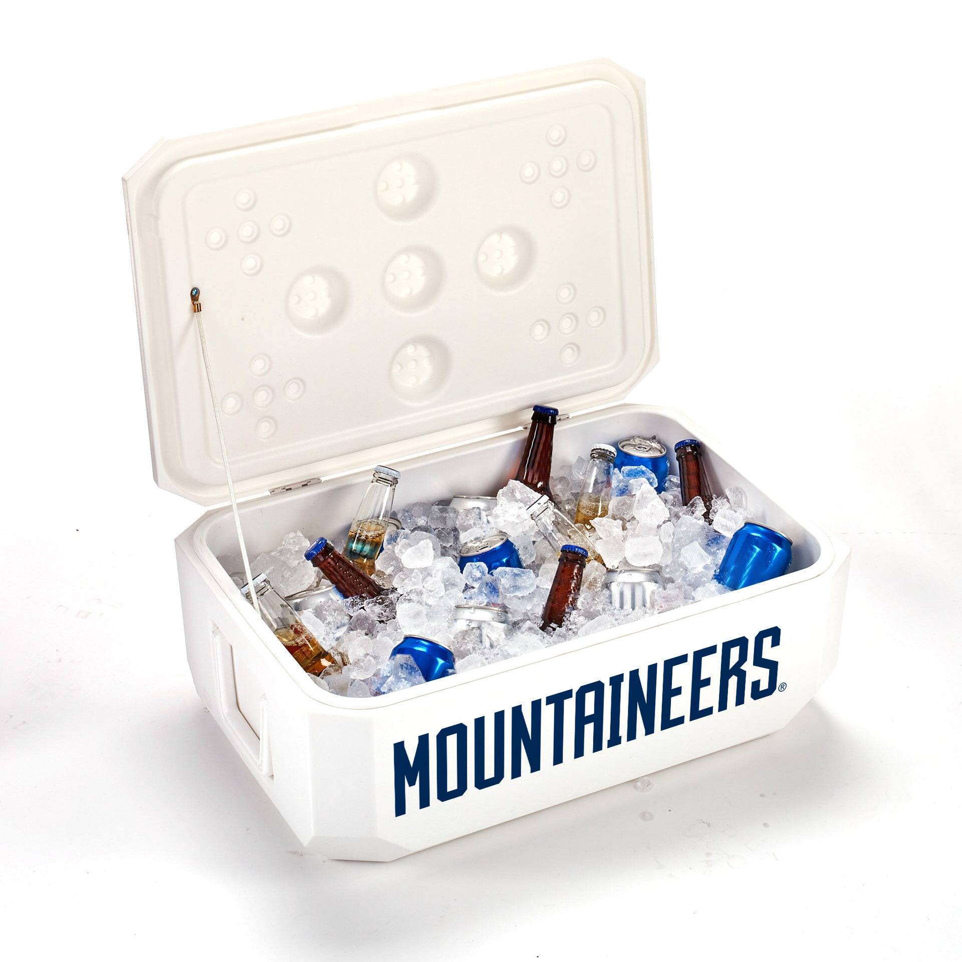 Alt View 1. Indigo Falls - West Virginia Mountaineers 40-Can Cornhole Cooler - White.