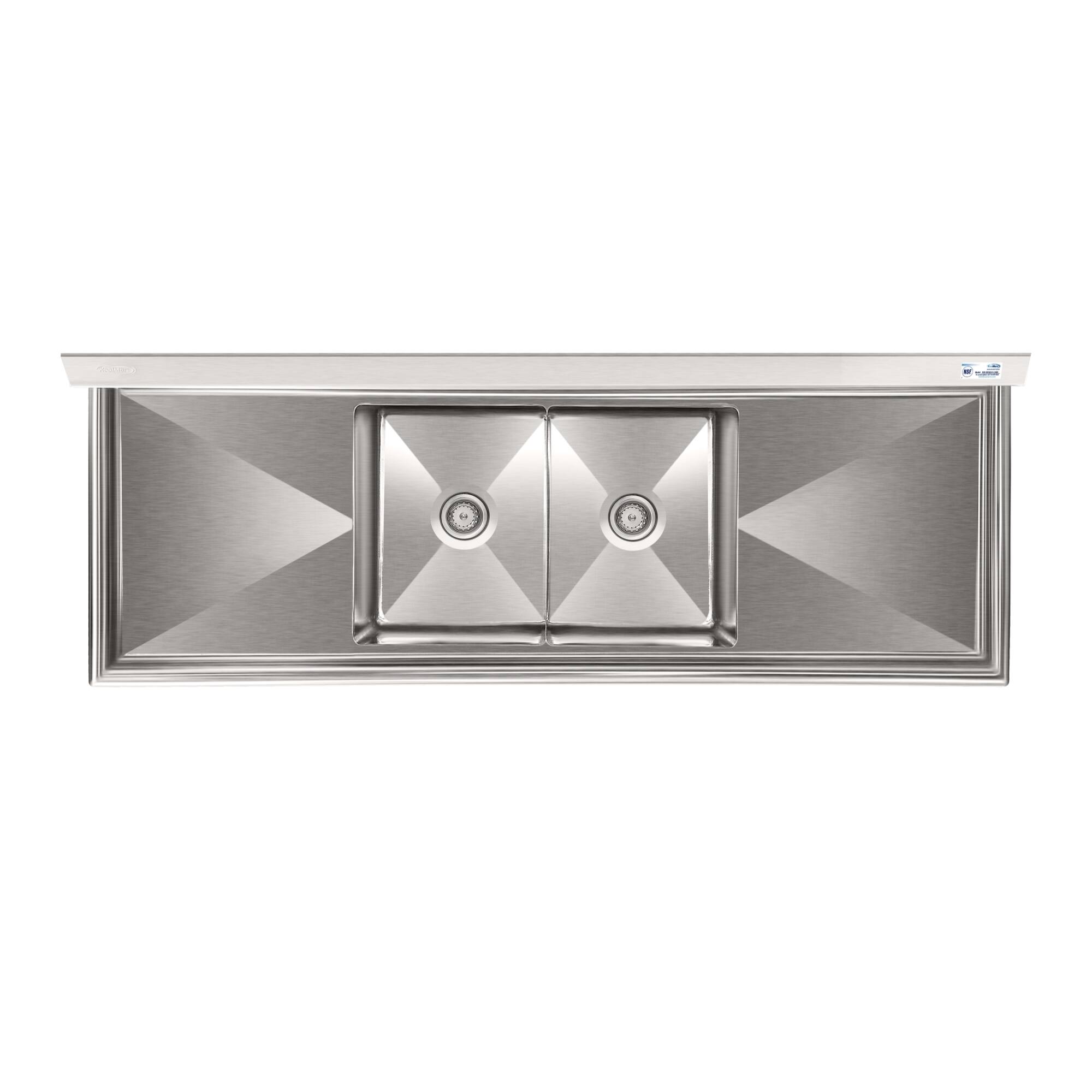 Alt View 2. Koolmore - 84 in. 18-Gauge 2-Compartment  Sink with Backsplash and 24 in. Dual Drainboards, Bowl dimensions 18"x24"x14" - Stainless Steel.